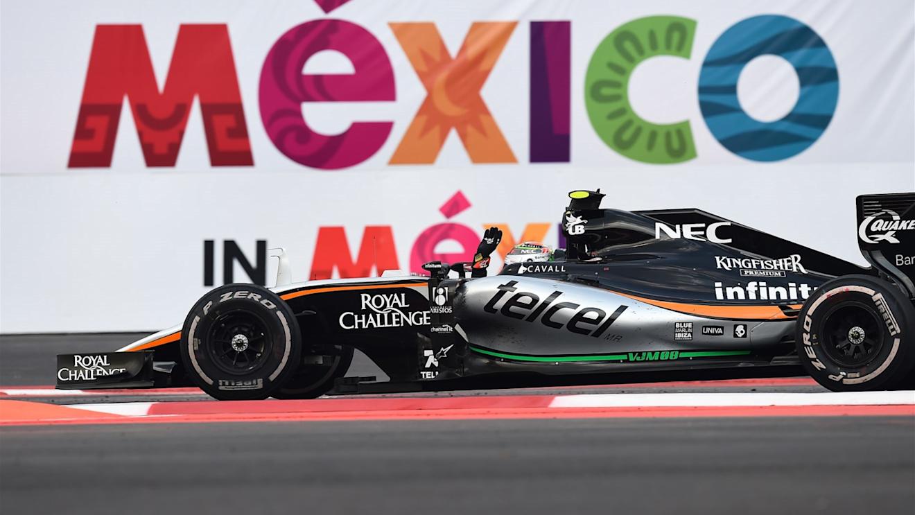 Sergio Perez (MEX) Force India VJM08 celebrates at the end of the race at Formula One World Championship, Rd17, Mexican Grand Prix, Race, Circuit Hermanos Rodriguez, Mexico City, Mexico, Sunday 1  November 2015. © Sutton Motorsport Images