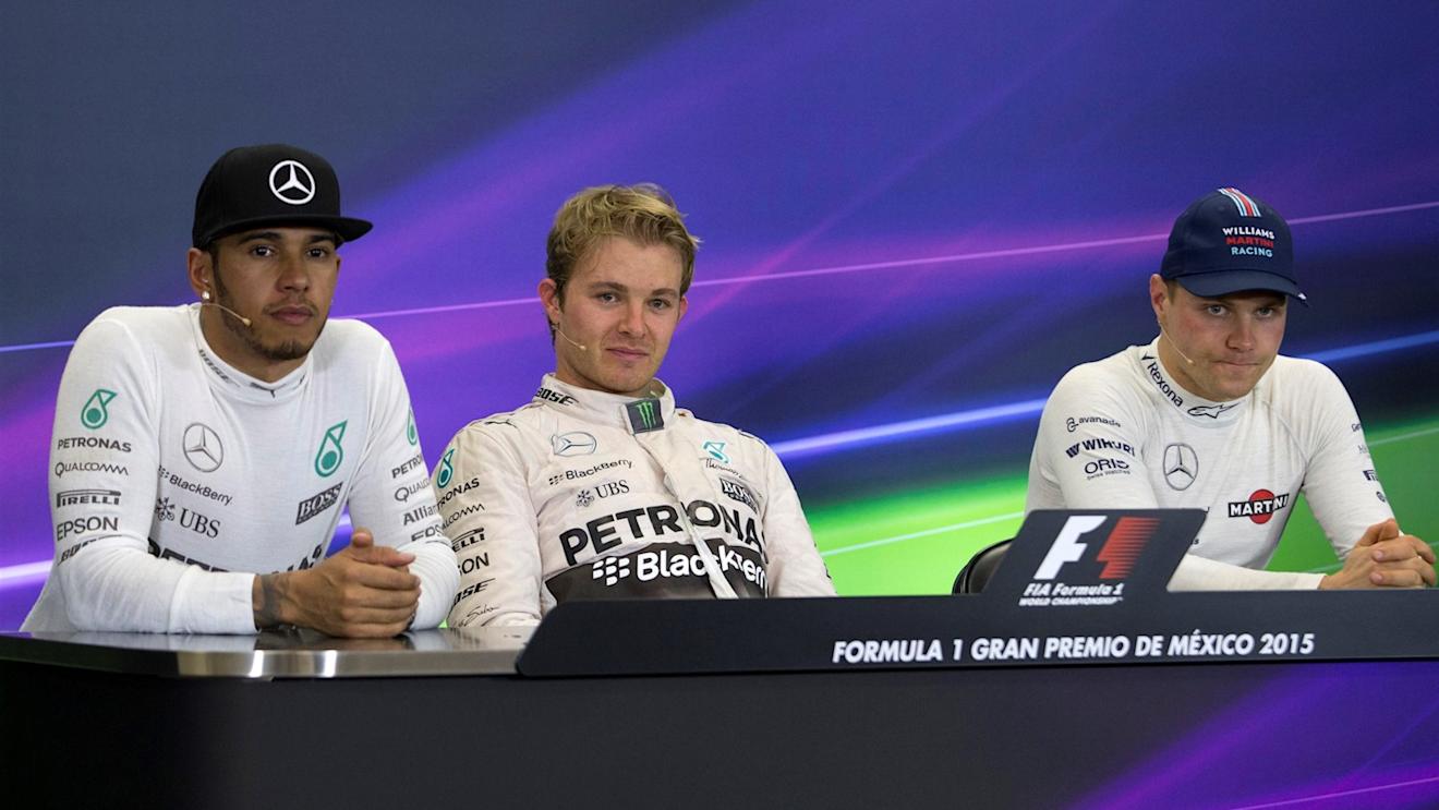(L to R): Lewis Hamilton (GBR) Mercedes AMG F1, Nico Rosberg (GER) Mercedes AMG F1 and Valtteri Bottas (FIN) Williams in the Press Conference at Formula One World Championship, Rd17, Mexican Grand Prix, Race, Circuit Hermanos Rodriguez, Mexico City, Mexico, Sunday 1  November 2015. © Sutton Motorsport Images