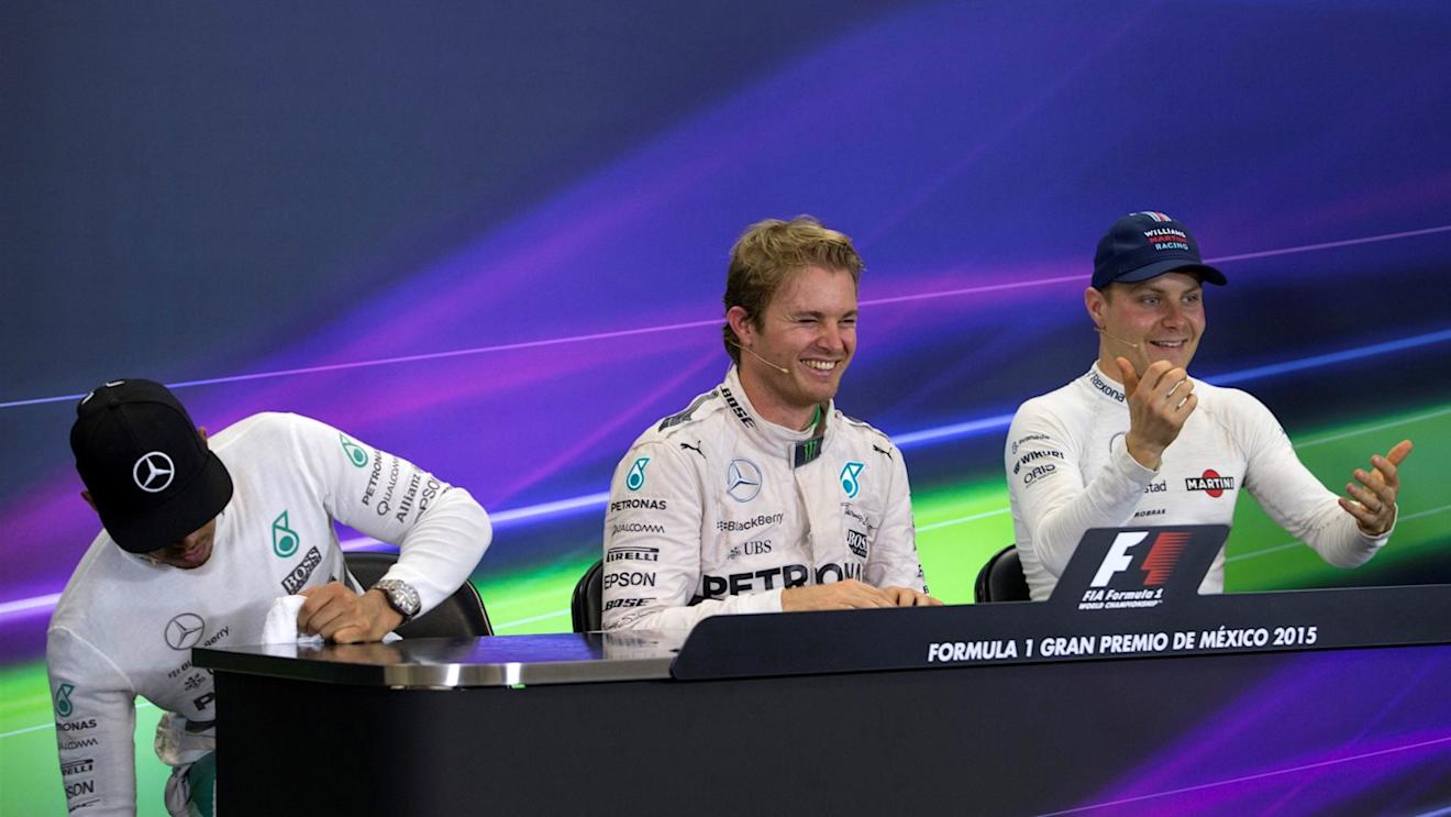 (L to R): Lewis Hamilton (GBR) Mercedes AMG F1, Nico Rosberg (GER) Mercedes AMG F1 and Valtteri Bottas (FIN) Williams in the Press Conference at Formula One World Championship, Rd17, Mexican Grand Prix, Race, Circuit Hermanos Rodriguez, Mexico City, Mexico, Sunday 1  November 2015. © Sutton Motorsport Images