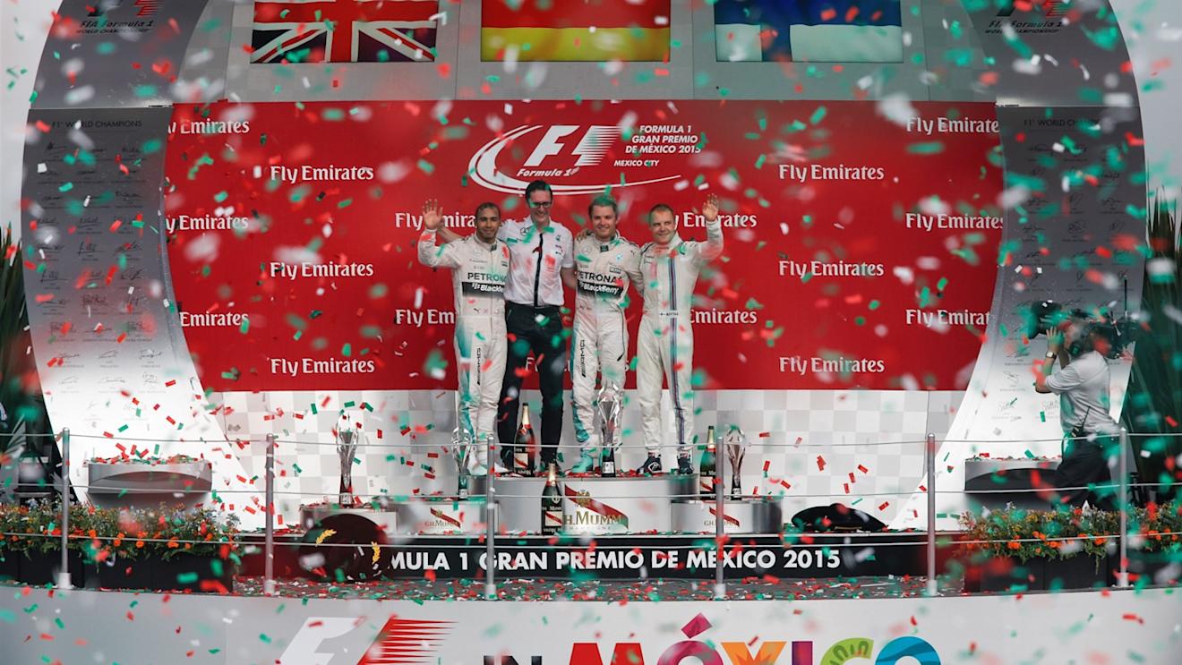 (L to R): Lewis Hamilton (GBR) Mercedes AMG F1, race winner Nico Rosberg (GER) Mercedes AMG F1 and Valtteri Bottas (FIN) Williams celebrate on the podium at Formula One World Championship, Rd17, Mexican Grand Prix, Race, Circuit Hermanos Rodriguez, Mexico City, Mexico, Sunday 1  November 2015. © Sutton Motorsport Images