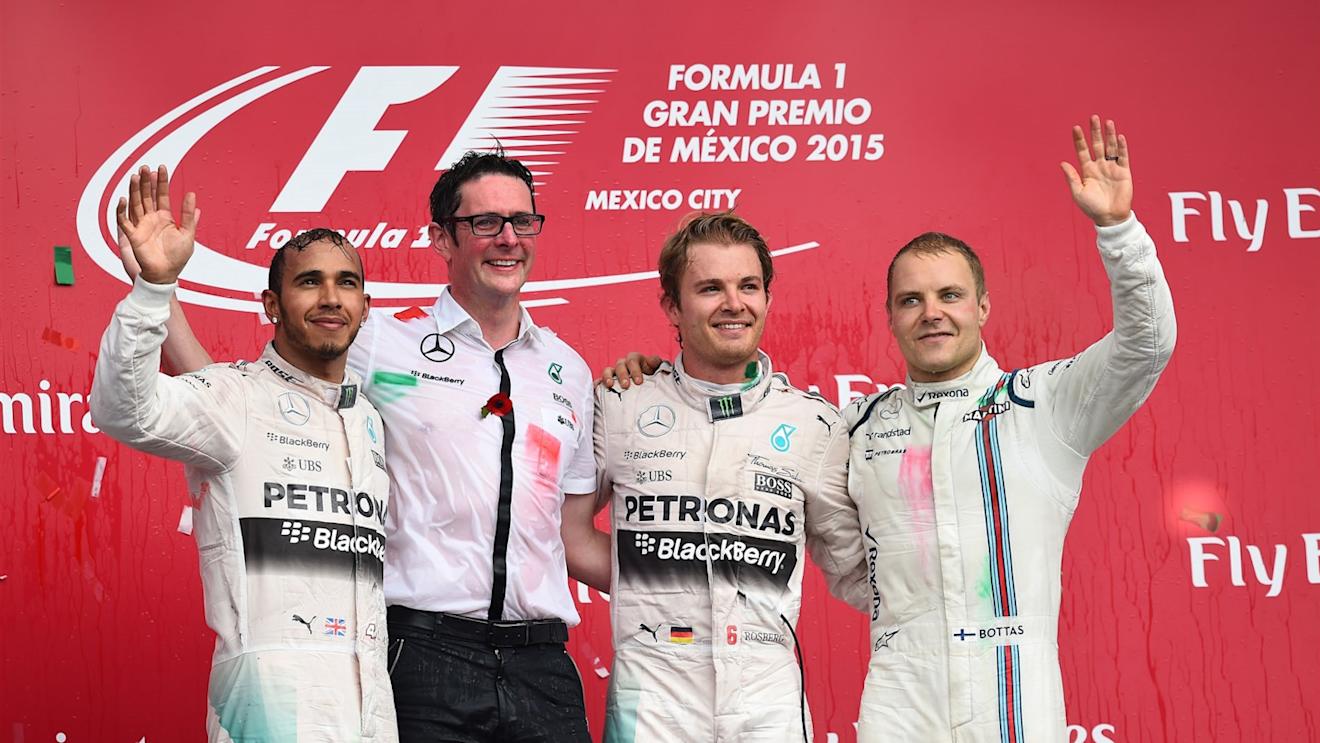 Lewis Hamilton (GBR) Mercedes AMG F1, Grand Prix Extra, race winner Nico Rosberg (GER) Mercedes AMG F1 and Valtteri Bottas (FIN) Williams celebrate on the podium at Formula One World Championship, Rd17, Mexican Grand Prix, Race, Circuit Hermanos Rodriguez, Mexico City, Mexico, Sunday 1  November 2015. © Sutton Motorsport Images