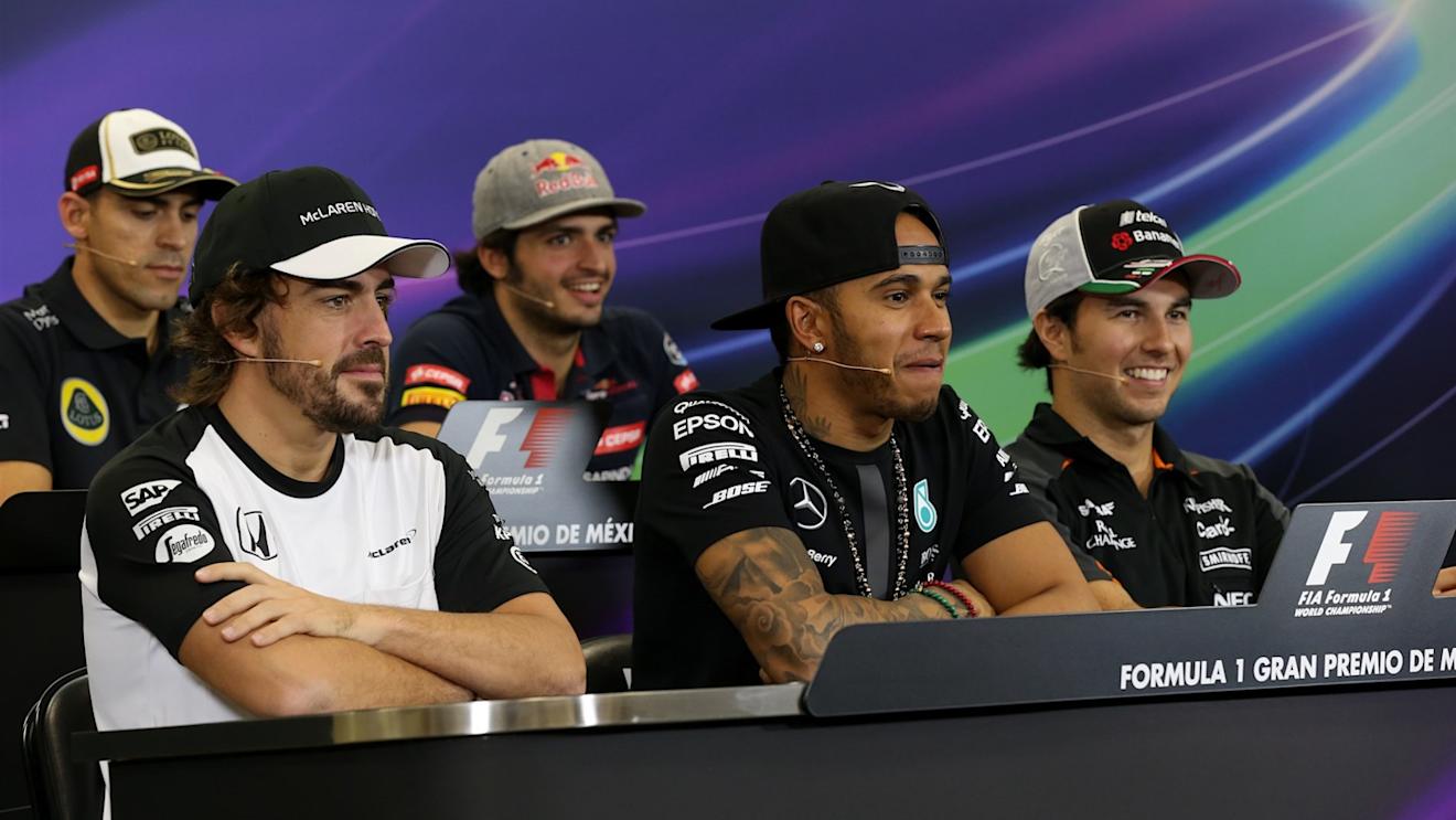 Will Stevens (GBR) Manor GP, Fernando Alonso (ESP) McLaren, Pastor Maldonado (VEN) Lotus, Lewis Hamilton (GBR) Mercedes AMG F1, Carlos Sainz jr (ESP) Scuderia Toro Rosso and Sergio Perez (MEX) Force India during the press conference at Formula One World Championship, Rd17, Mexican Grand Prix, Preparations, Circuit Hermanos Rodriguez, Mexico City, Mexico, Thursday 29 October 2015. © Sutton Motorsport Images