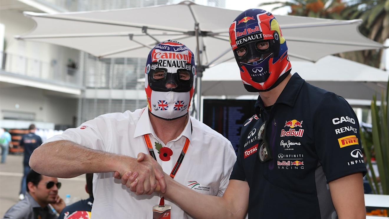 Nigel Mansell (GBR) and Daniil Kyvat (RUS) Red Bull Racing in Lucha Libre masks at Formula One World Championship, Rd17, Mexican Grand Prix, Preparations, Circuit Hermanos Rodriguez, Mexico City, Mexico, Thursday 29 October 2015. © Sutton Motorsport Images