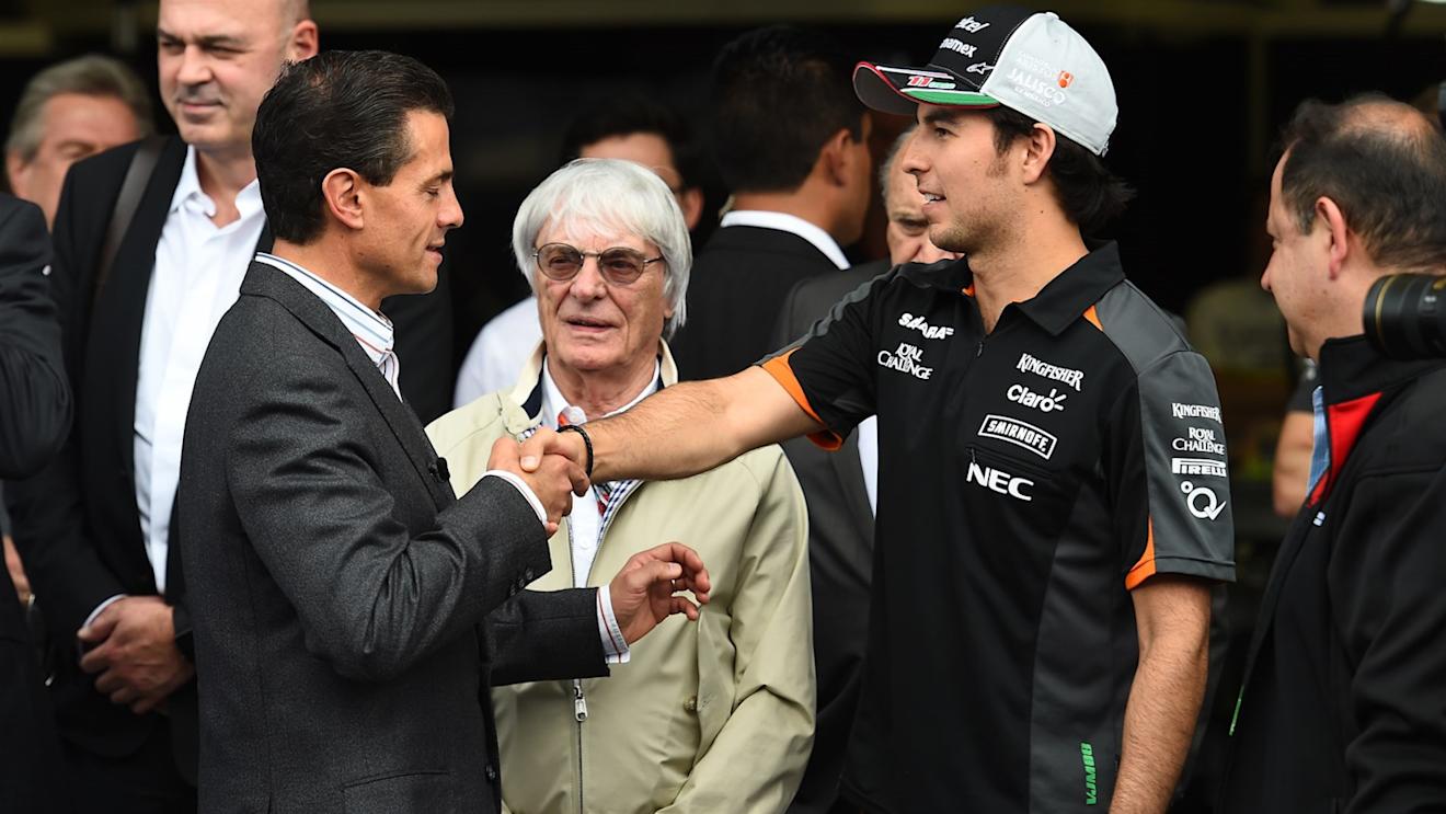 Sergio Perez (MEX) Force India and Enrique Pena Nieto (MEX) Mexican President at Formula One World Championship, Rd17, Mexican Grand Prix, Preparations, Circuit Hermanos Rodriguez, Mexico City, Mexico, Thursday 29 October 2015. © Sutton Motorsport Images