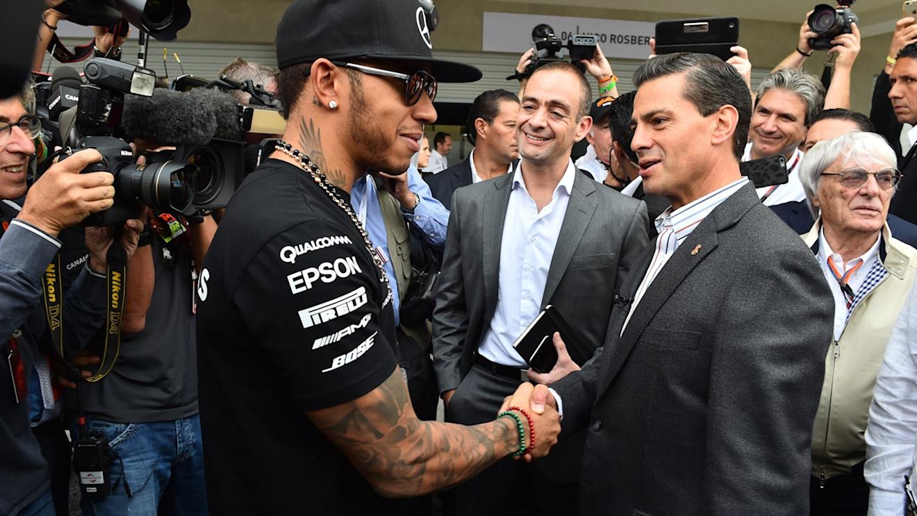 Lewis Hamilton (GBR) Mercedes AMG F1 and Enrique Pena Nieto (MEX) Mexican Prime Minister at Formula One World Championship, Rd17, Mexican Grand Prix, Preparations, Circuit Hermanos Rodriguez, Mexico City, Mexico, Thursday 29 October 2015. © Sutton Motorsport Images