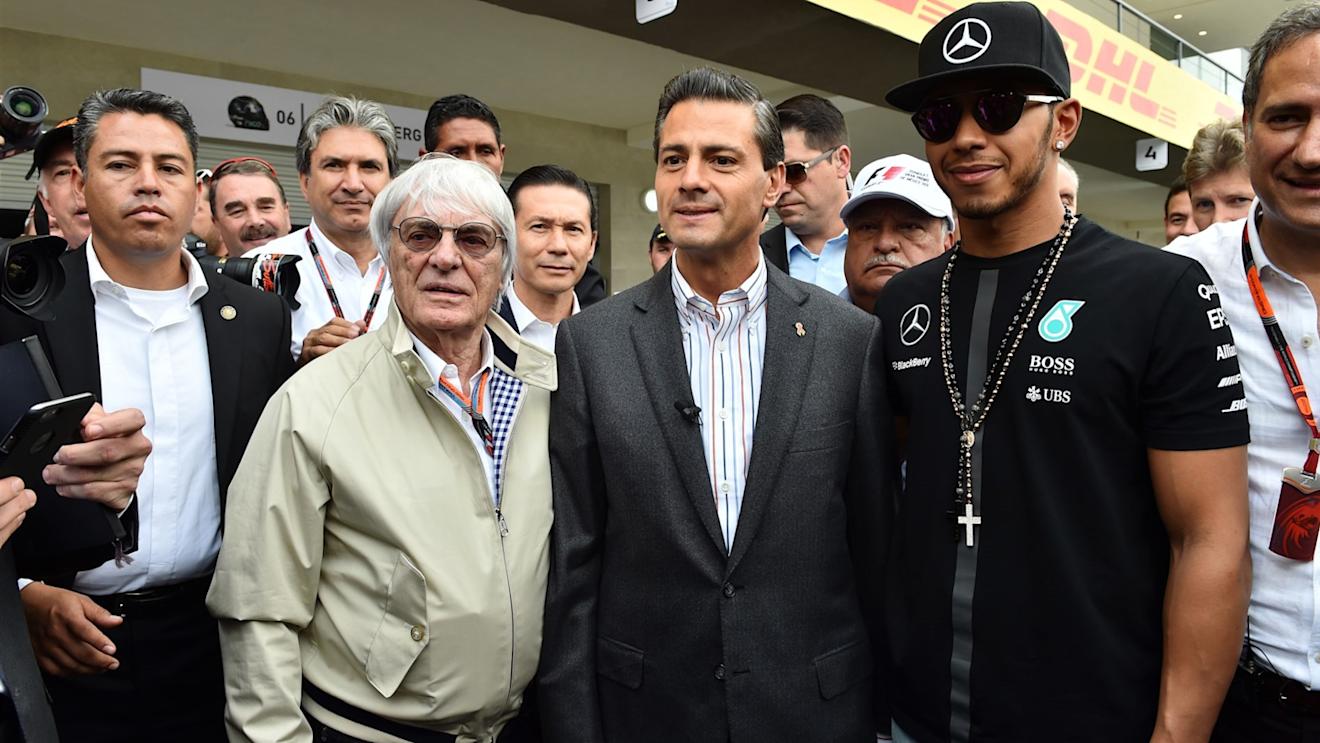 Bernie Ecclestone (GBR) CEO Formula One Group (FOM) with Enrique Pena Nieto (MEX) Mexican Prime Minister and Lewis Hamilton (GBR) Mercedes AMG F1 at Formula One World Championship, Rd17, Mexican Grand Prix, Preparations, Circuit Hermanos Rodriguez, Mexico City, Mexico, Thursday 29 October 2015. © Sutton Motorsport Images
