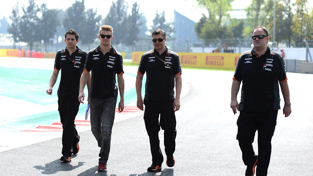 Nico Hulkenberg (GER) Force India walks the track with Bradley Joyce (GBR) Force India Race Engineer and Tom McCullough (GBR) Force India F1 Team Chief Engineer at Formula One World Championship, Rd17, Mexican Grand Prix, Preparations, Circuit Hermanos Rodriguez, Mexico City, Mexico, Thursday 29 October 2015. © Sutton Motorsport Images