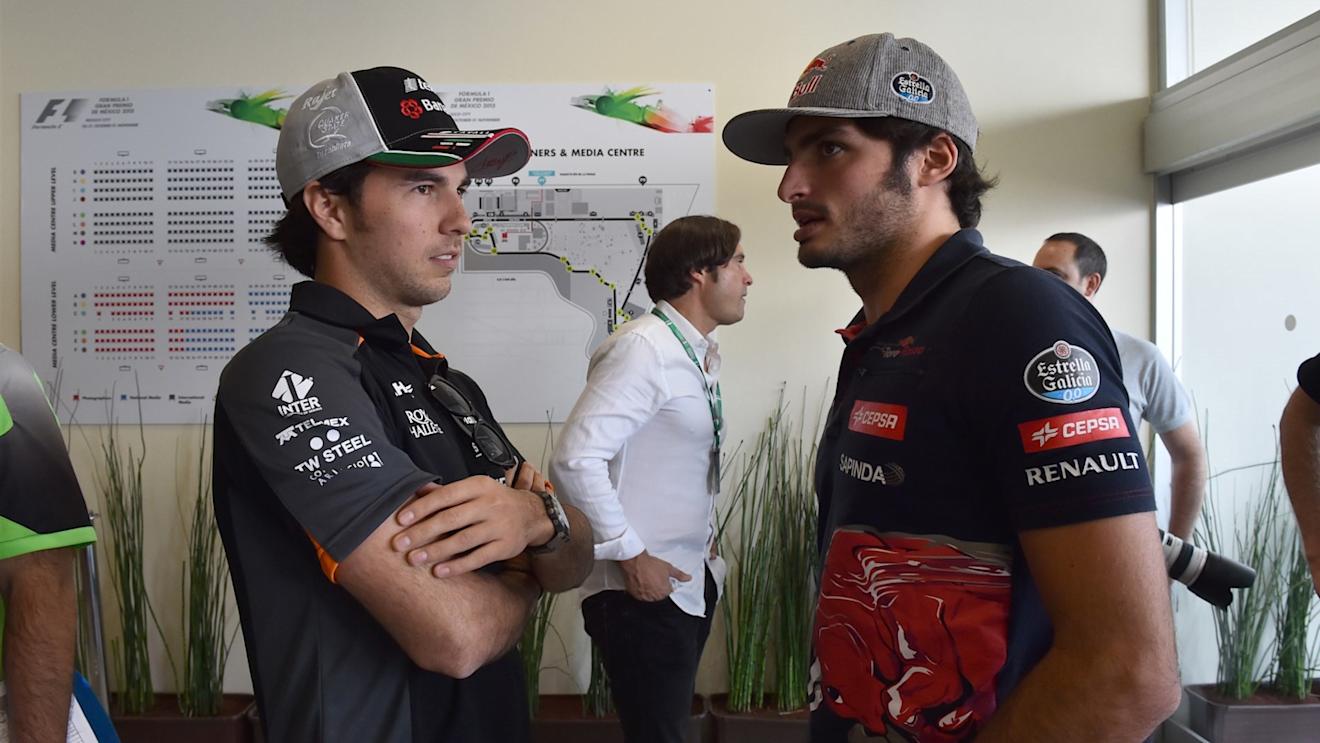 Sergio Perez (MEX) Force India and Carlos Sainz (ESP) Scuderia Toro Rosso at Formula One World Championship, Rd17, Mexican Grand Prix, Preparations, Circuit Hermanos Rodriguez, Mexico City, Mexico, Thursday 29 October 2015. © Sutton Motorsport Images