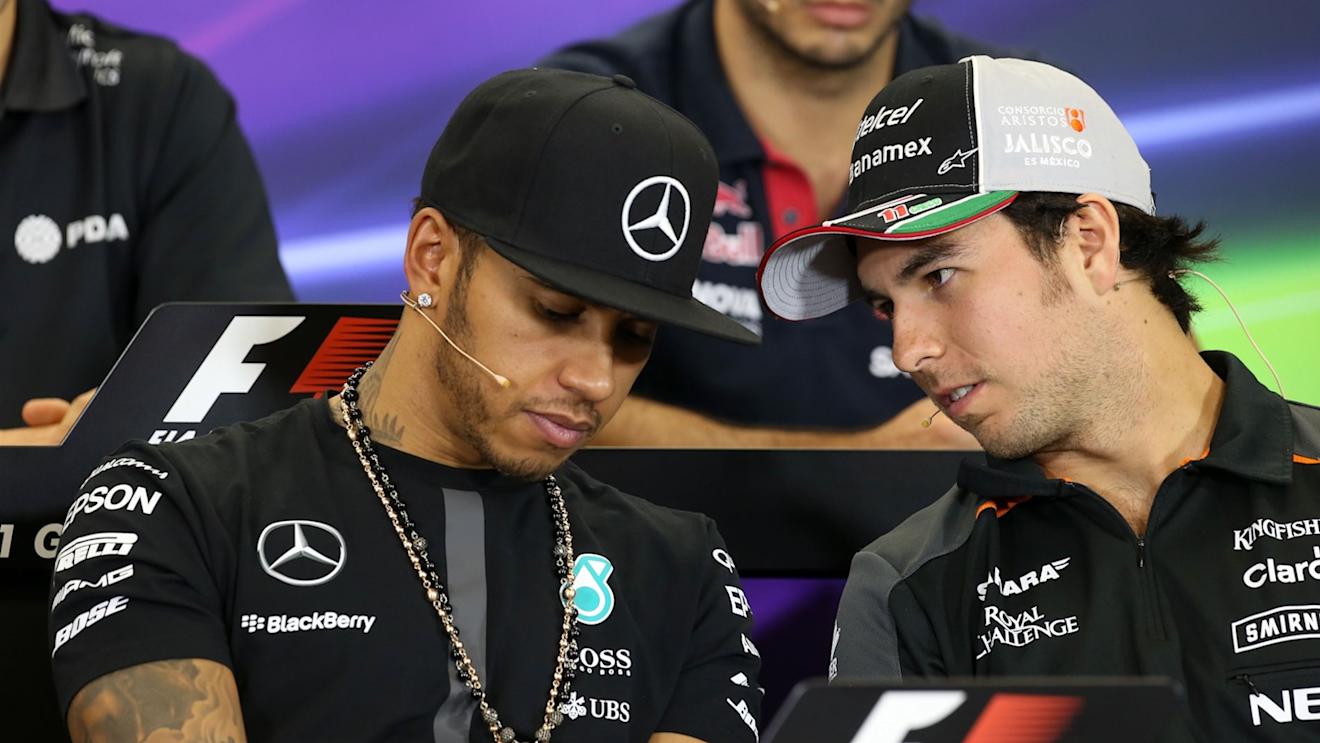 Lewis Hamilton (GBR) Mercedes AMG F1 and Sergio Perez (MEX) Force India at the press conference at Formula One World Championship, Rd17, Mexican Grand Prix, Preparations, Circuit Hermanos Rodriguez, Mexico City, Mexico, Thursday 29 October 2015. © Sutton Motorsport Images
