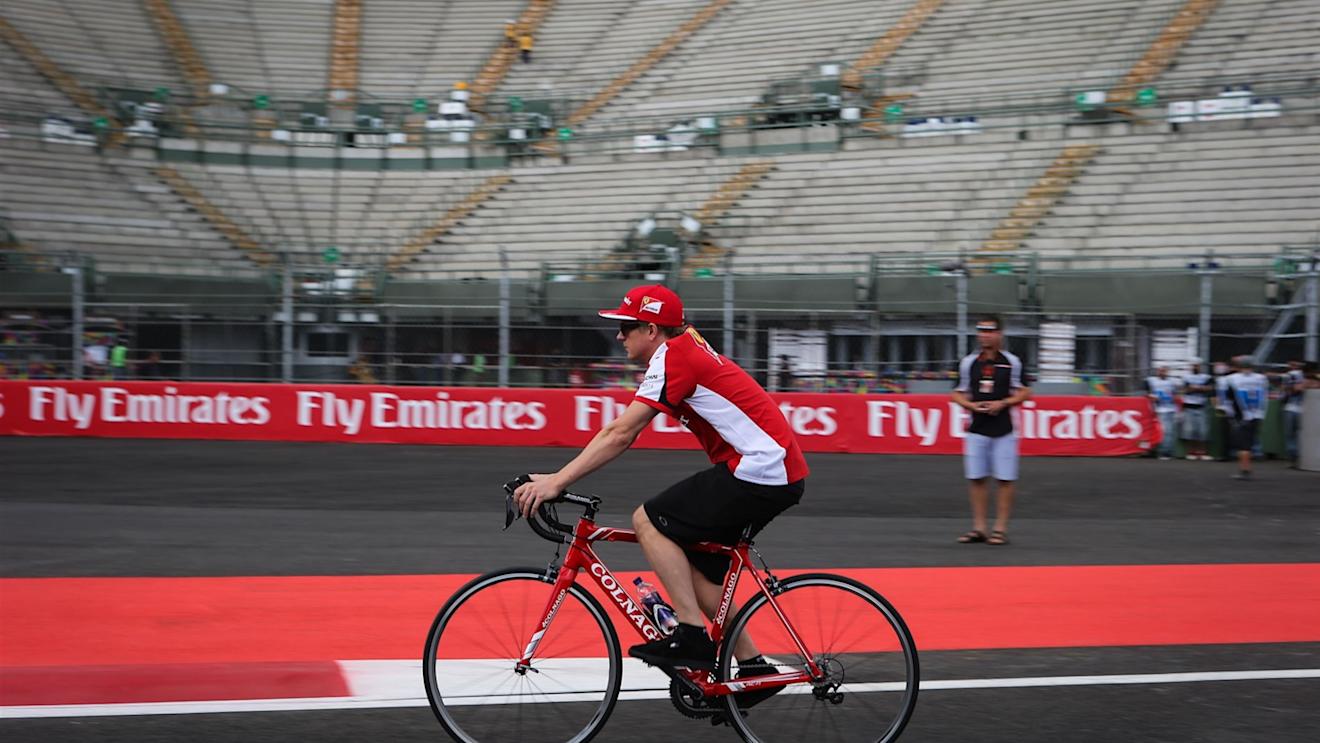 Kimi Raikkonen (FIN) Ferrari rides the circuit on a bike at Formula One World Championship, Rd17, Mexican Grand Prix, Preparations, Circuit Hermanos Rodriguez, Mexico City, Mexico, Thursday 29 October 2015. © Sutton Motorsport Images