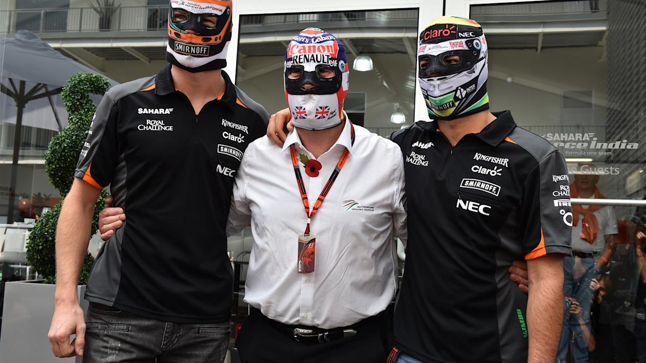 Nico Hulkenberg (GER) Force India F1, Nigel Mansell (GBR) and Sergio Perez (MEX) Force India Lucha Libre masks at Formula One World Championship, Rd17, Mexican Grand Prix, Preparations, Circuit Hermanos Rodriguez, Mexico City, Mexico, Thursday 29 October 2015. © Sutton Motorsport Images
