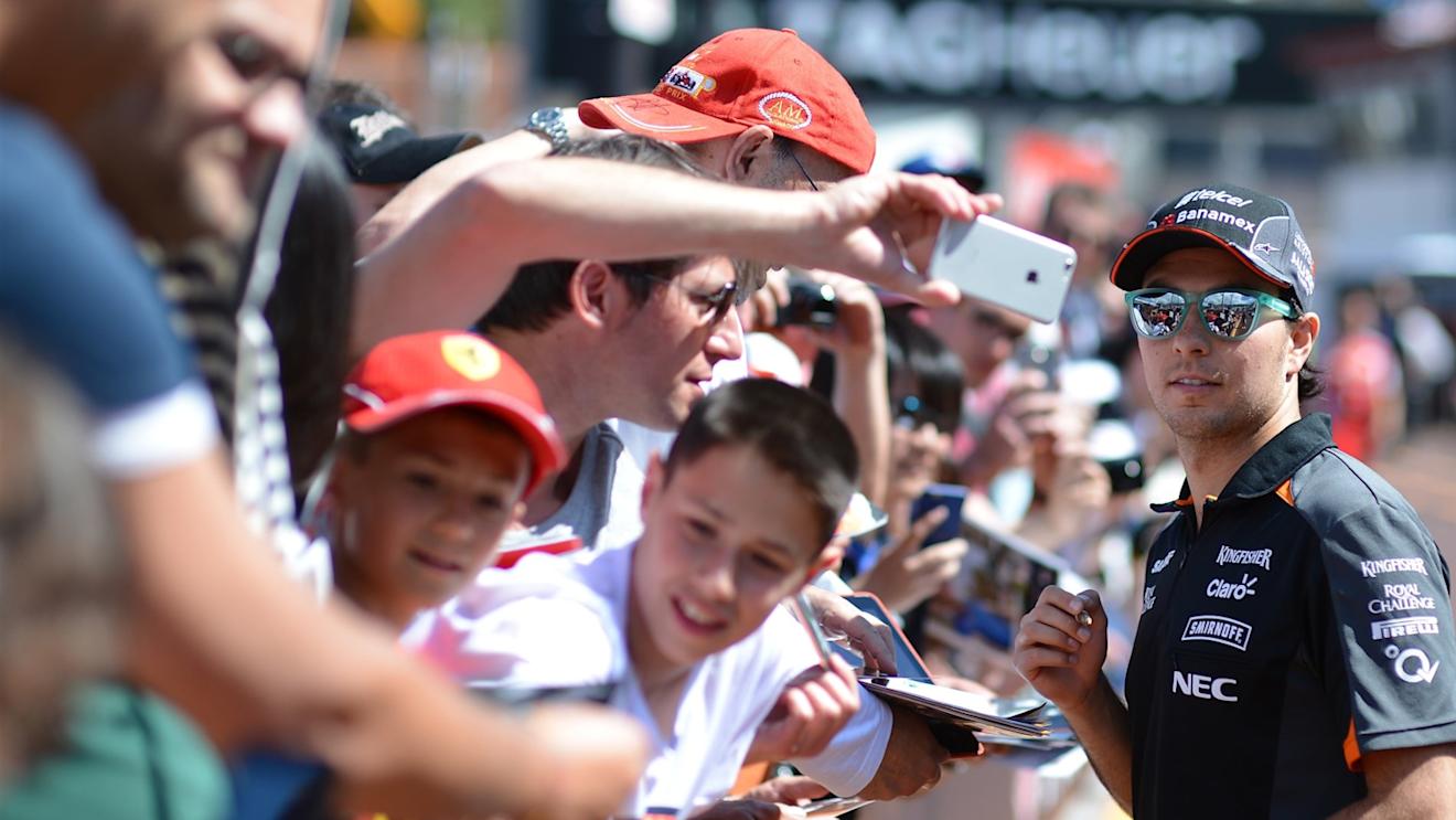 Sergio Perez (MEX) Force India poses for a selfie with the fans Formula One World Championship, Rd6, Monaco Grand Prix, Monte-Carlo, Monaco, Friday 22 May 2015. © Sutton Motorsport Images