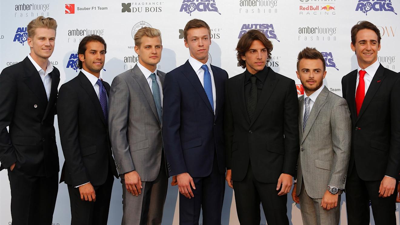 (L to R): Nico Hulkenberg (GER) Force India F1, Felipe Nasr (BRA) Sauber, Marcus Ericsson (SWE) Sauber, Daniil Kyvat (RUS) Red Bull Racing, Roberto Merhi (ESP) Marussia, Will Stevens (GBR) Marussia and Esteban Gutierrez (MEX) Ferrari Test and Reserve Driver at Amber Lounge Fashion Show, Le Meridien Beach Plaza, Monte Carlo, Monaco, 22 May 2015. © Sutton Motorsport Images