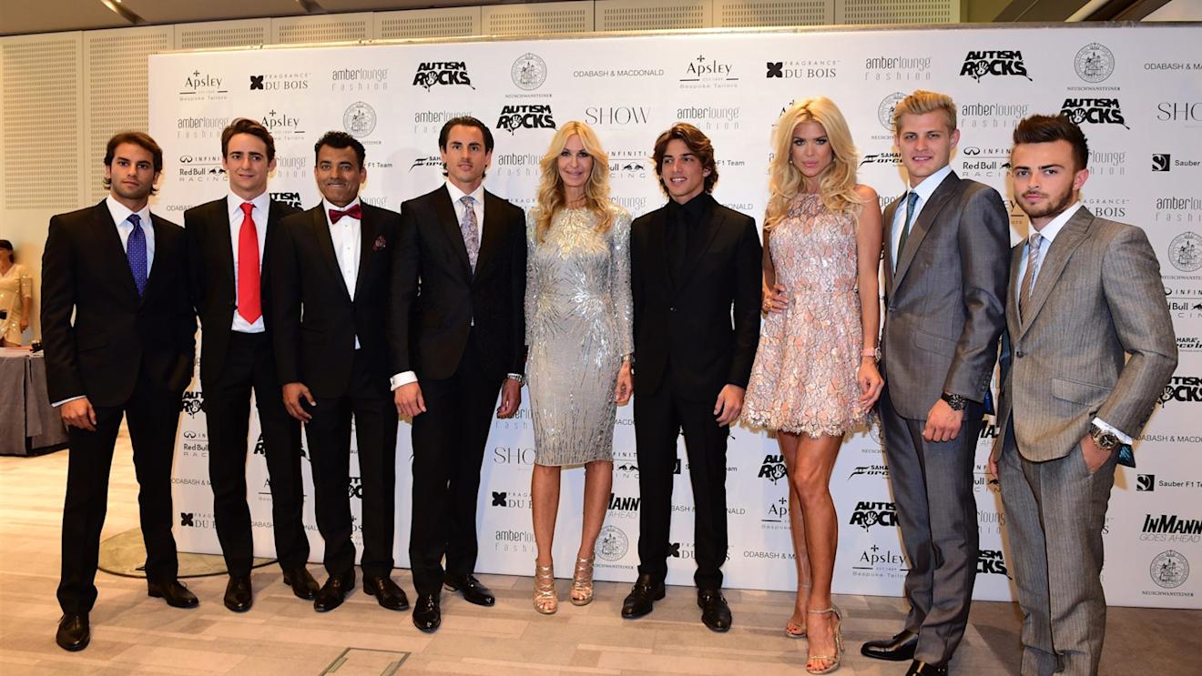 (L to R): nfp, Esteban Gutierrez (MEX) Ferrari Test and Reserve Driver, Adrian Sutil (GER) Williams Reserve Driver, Marcus Ericsson (SWE) Sauber, Roberto Merhi (ESP) Marussia, Victoria Silvstedt, Marcus Ericsson (SWE) Sauber, Will Stevens (GBR) Marussia and Daniil Kyvat (RUS) Red Bull Racing at Amber Lounge Fashion Show, Le Meridien Beach Plaza, Monte Carlo, Monaco, 22 May 2015. © Sutton Motorsport Images