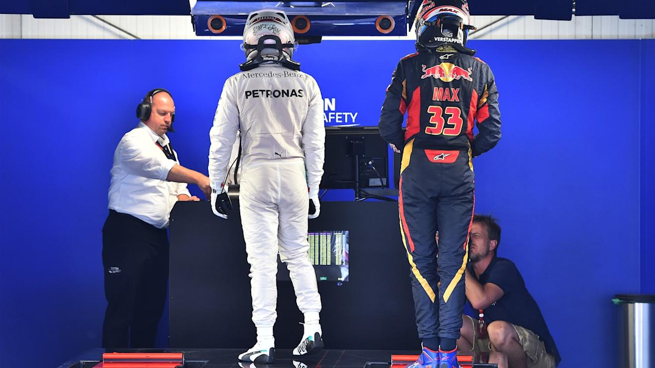 Lewis Hamilton (GBR) Mercedes AMG F1 and Max Verstappen (NDL) Scuderia Toro Rosso on the weighing scales in parc ferme at Formula One World Championship, Rd6, Monaco Grand Prix Qualifying, Monte-Carlo, Monaco, Saturday 23 May 2015. © Sutton Motorsport Images