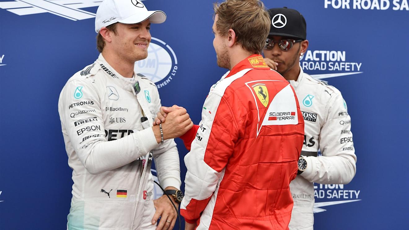 Nico Rosberg (GER) Mercedes AMG F1 and Sebastian Vettel (GER) Ferrari celebrate in parc ferme with Lewis Hamilton (GBR) Mercedes AMG F1 at Formula One World Championship, Rd6, Monaco Grand Prix Qualifying, Monte-Carlo, Monaco, Saturday 23 May 2015. © Sutton Motorsport Images