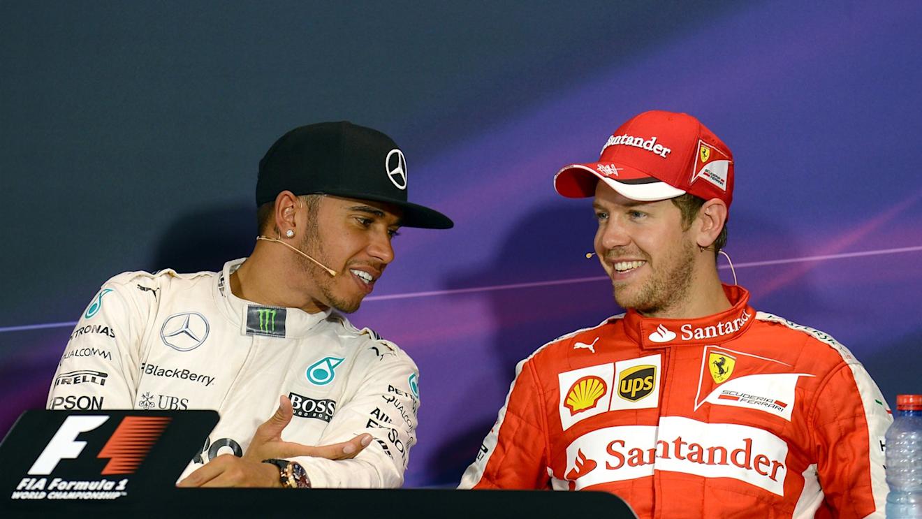 Pole sitter Lewis Hamilton (GBR) Mercedes AMG F1 and Sebastian Vettel (GER) Ferrari at the Qualifying Press Conference at Formula One World Championship, Rd6, Monaco Grand Prix Qualifying, Monte-Carlo, Monaco, Saturday 23 May 2015. © Sutton Motorsport Images
