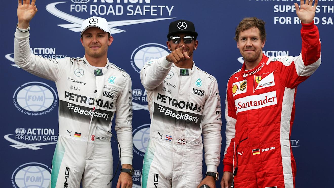 (L to R): Nico Rosberg (GER) Mercedes AMG F1 pole sitter Lewis Hamilton (GBR) Mercedes AMG F1 and Sebastian Vettel (GER) Ferrari celebrate in parc ferme at Formula One World Championship, Rd6, Monaco Grand Prix Qualifying, Monte-Carlo, Monaco, Saturday 23 May 2015. © Sutton Motorsport Images