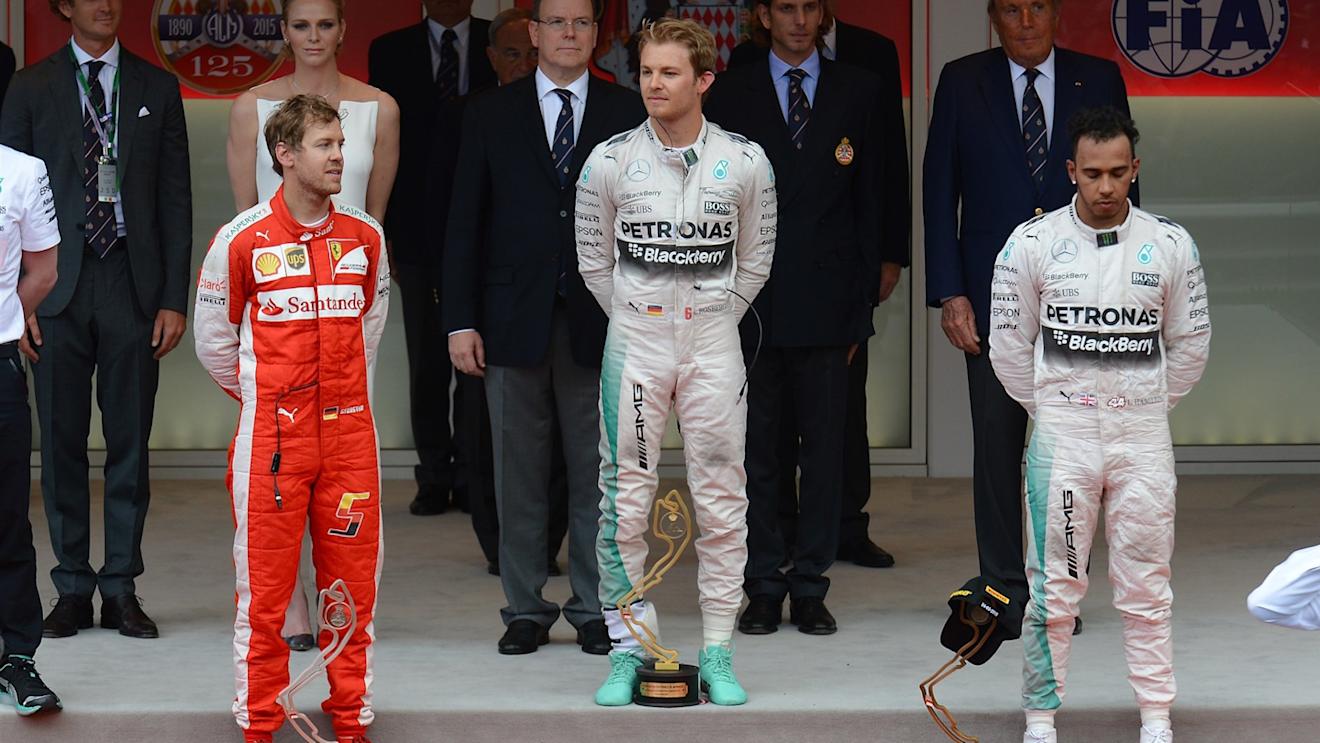 Sebastian Vettel (GER) Ferrari, Nico Rosberg (GER) Mercedes AMG F1 and Lewis Hamilton (GBR) Mercedes AMG F1 on the podium at Formula One World Championship, Rd6, Monaco Grand Prix Race, Monte-Carlo, Monaco, Sunday 24 May 2015. © Sutton Motorsport Images