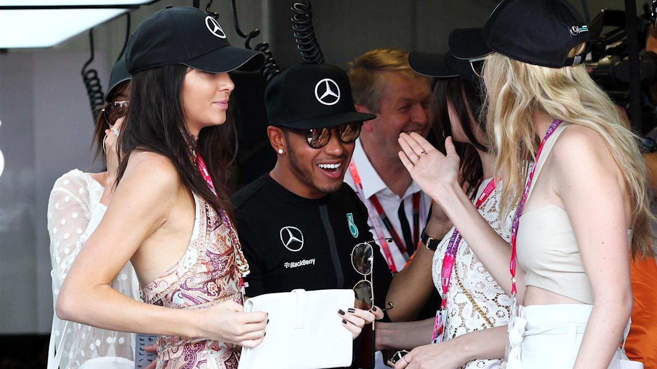 Lewis Hamilton (GBR) Mercedes AMG F1 with Kendall Jenner (USA) and Gigi Hadid (USA) at Formula One World Championship, Rd6, Monaco Grand Prix Race, Monte-Carlo, Monaco, Sunday 24 May 2015. © Sutton Motorsport Images