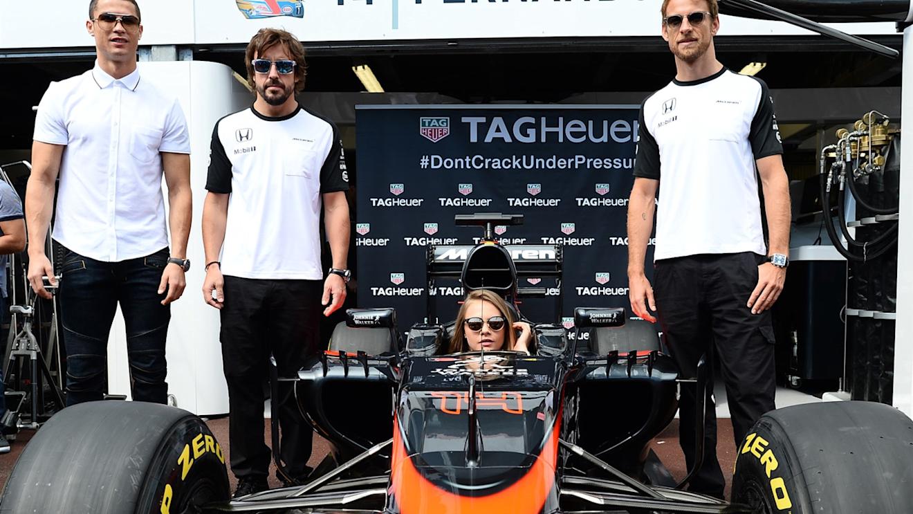 Christiano Ronaldo (POR) Footballer, Fernando Alonso (ESP) McLaren, Cara Delevingne (GBR) Model and Jenson Button (GBR) McLaren at Formula One World Championship, Rd6, Monaco Grand Prix Race, Monte-Carlo, Monaco, Sunday 24 May 2015. © Sutton Motorsport Images
