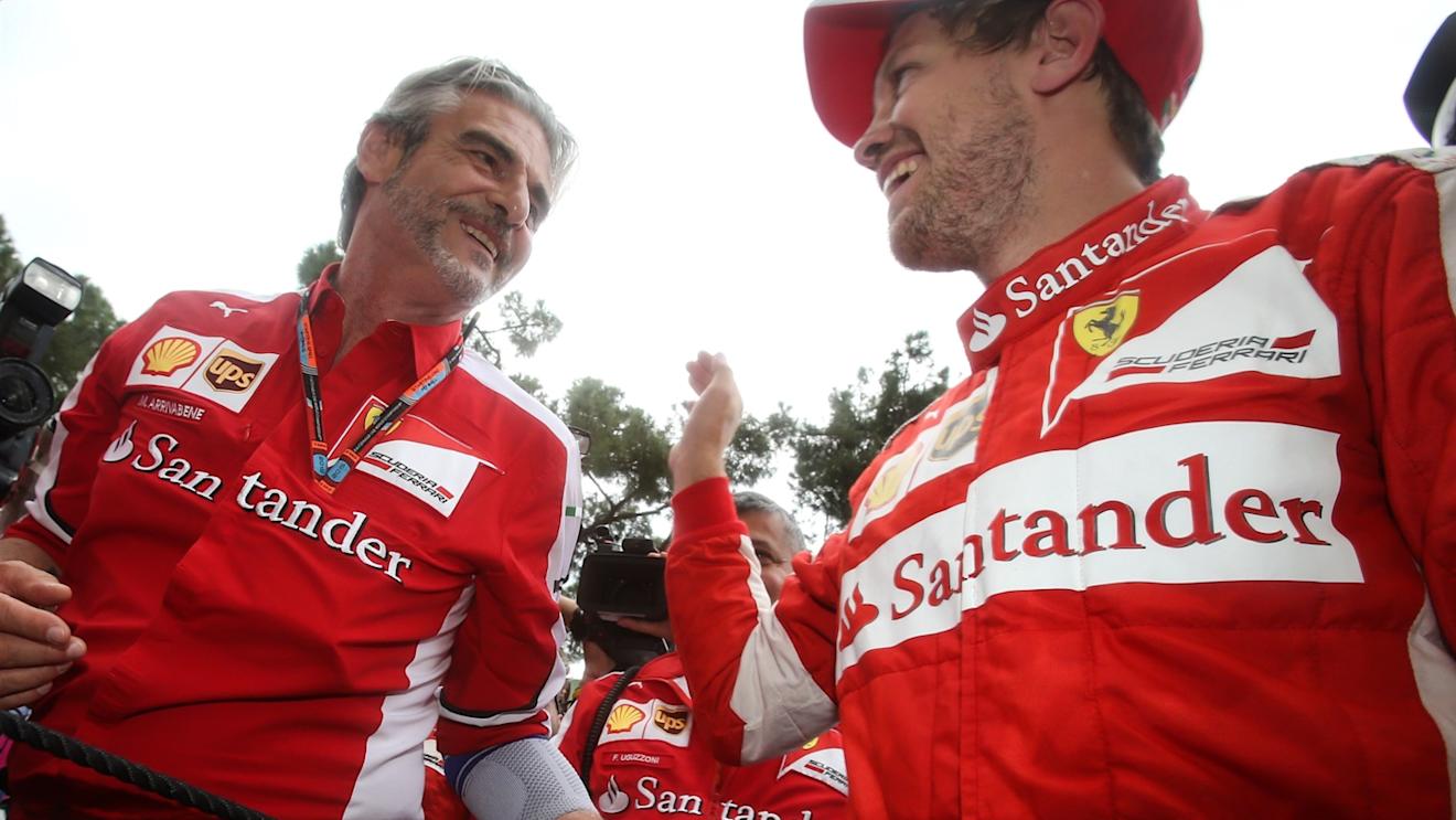 Second placed Sebastian Vettel (GER) Ferrari and Maurizio Arrivabene (ITA) Ferrari Team Principal celebrate at Formula One World Championship, Rd6, Monaco Grand Prix Race, Monte-Carlo, Monaco, Sunday 24 May 2015. © Sutton Motorsport Images