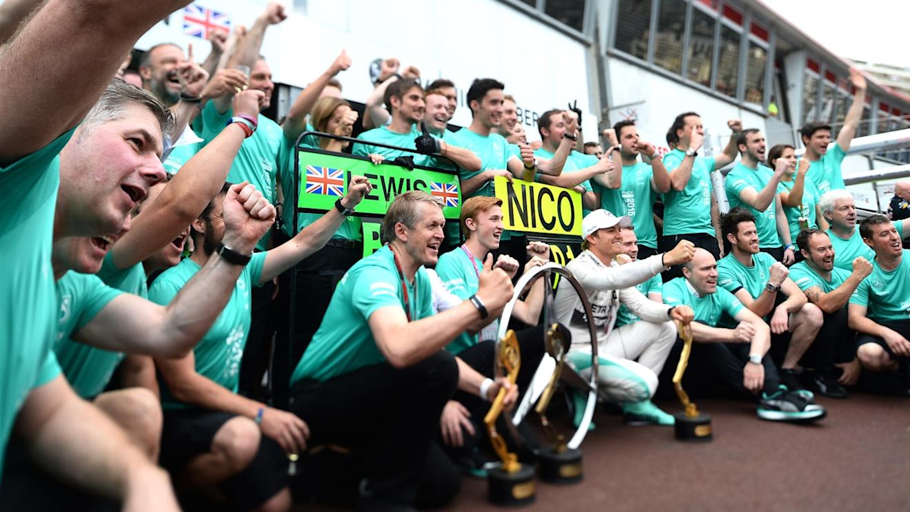 Race winner Nico Rosberg (GER) Mercedes AMG F1 celebrates with the team at Formula One World Championship, Rd6, Monaco Grand Prix Race, Monte-Carlo, Monaco, Sunday 24 May 2015. © Sutton Motorsport Images