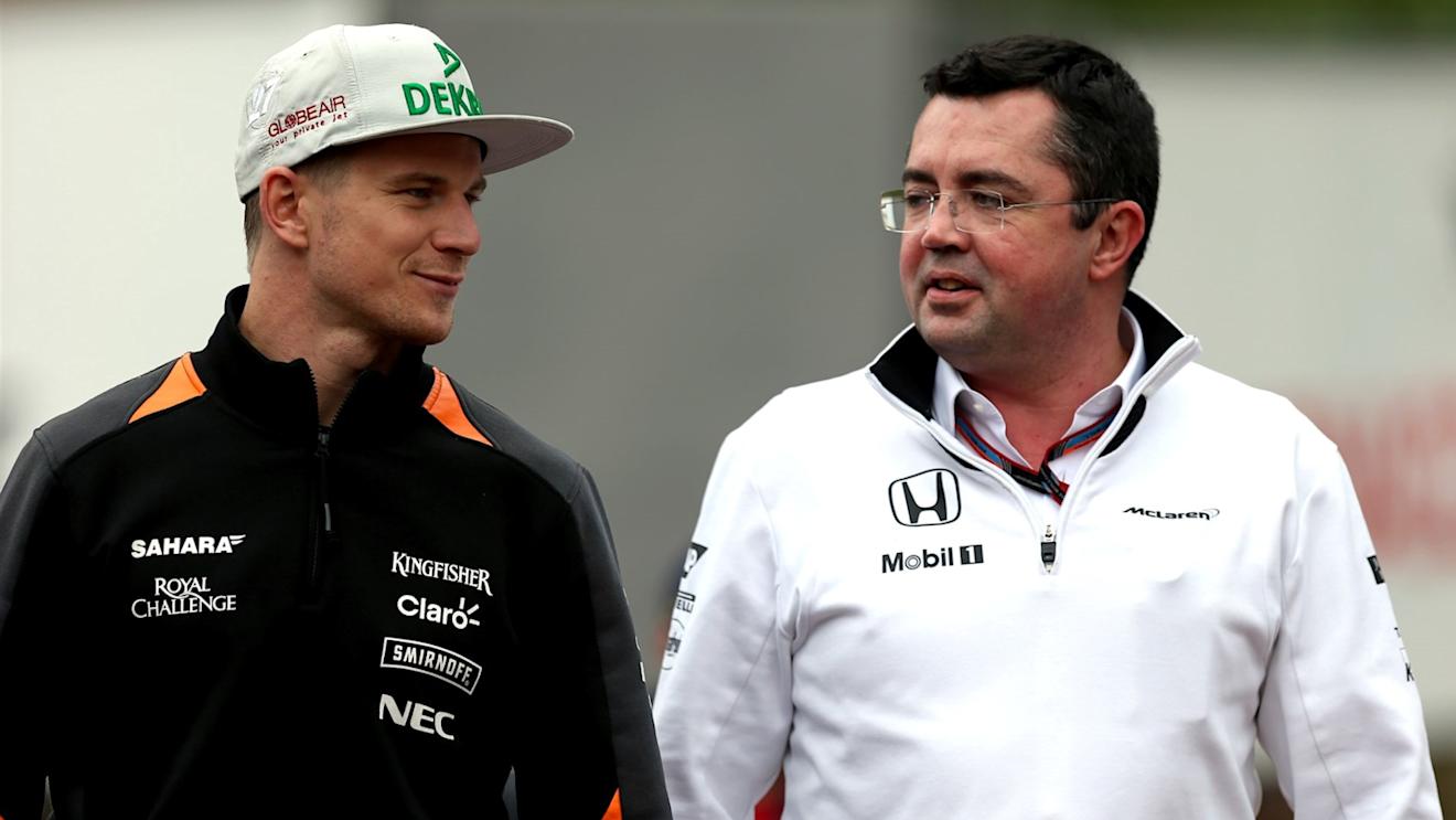 Nico Hulkenberg (GER) Force India and Eric Boullier (FRA) McLaren Racing Director at Formula One World Championship, Rd6, Monaco Grand Prix Practice, Monte-Carlo, Monaco, Thursday 21  May 2015. © Sutton Motorsport Images