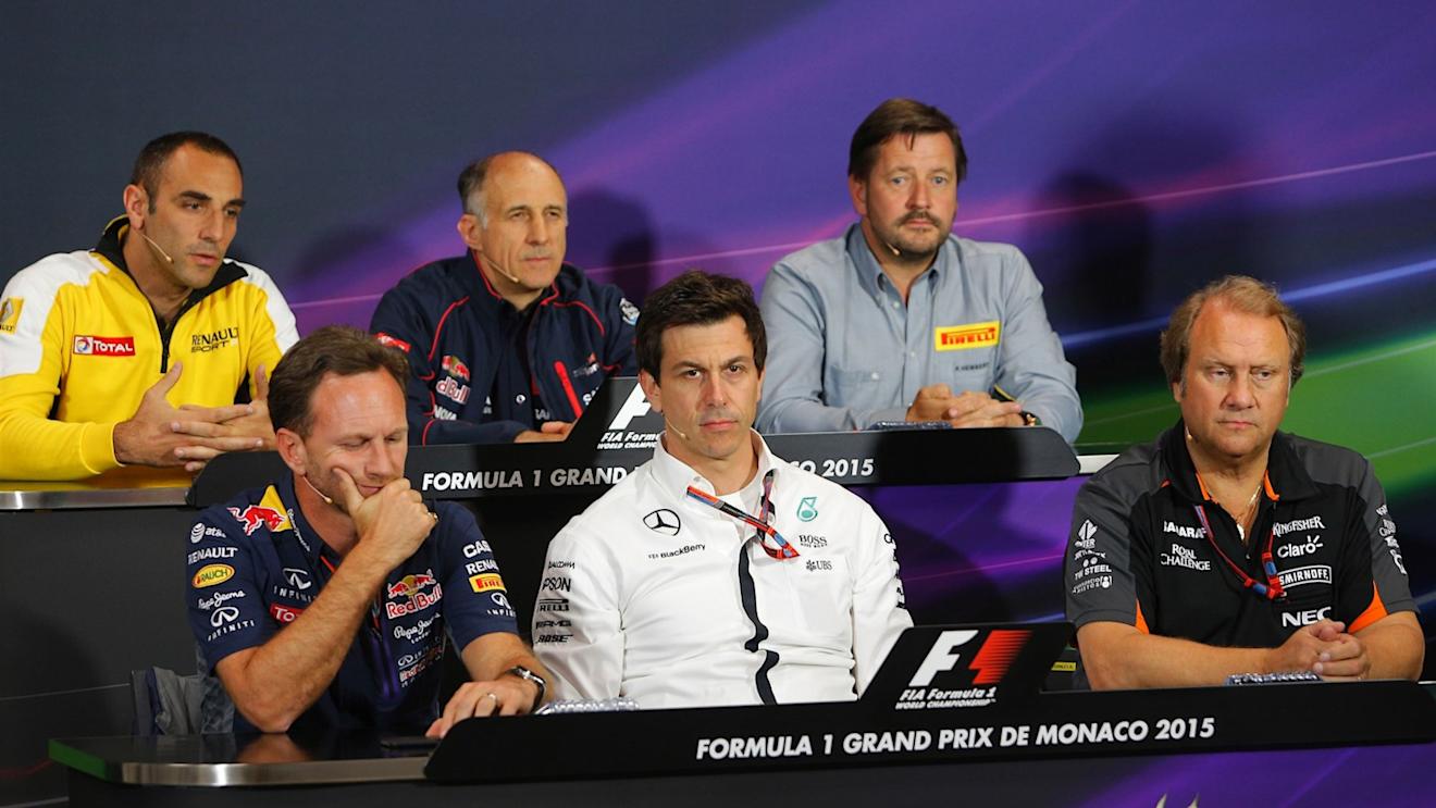 (L to R): Cyril Abiteboul (FRA) Renault Sport, Franz Tost (AUT) Scuderia Toro Rosso Team Principal, Paul Hembery (GBR) Pirelli Motorsport Director, Christian Horner (GBR) Red Bull Racing Team Principal, Toto Wolff (AUT) Mercedes AMG F1 Director of Motorsport, and Robert Fearnley (GBR) Force India F1 Team in the Press Conference at Formula One World Championship, Rd6, Monaco Grand Prix Practice, Monte-Carlo, Monaco, Thursday 21  May 2015. © Sutton Motorsport Images