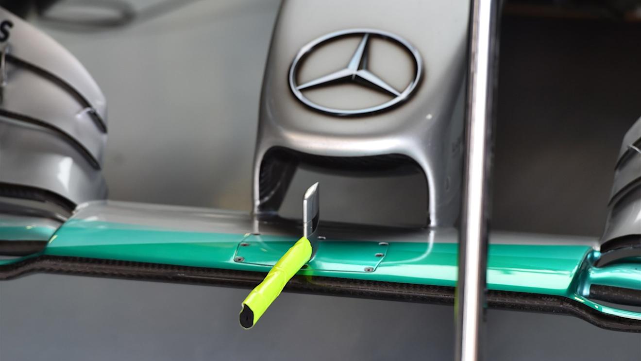Mercedes AMG F1 W06 sensor on front wing at Formula One World Championship, Rd15, Russian Grand Prix, Practice, Sochi Autodrom, Sochi, Krasnodar Krai, Russia, Friday 9 October 2015. © Sutton Motorsport Images