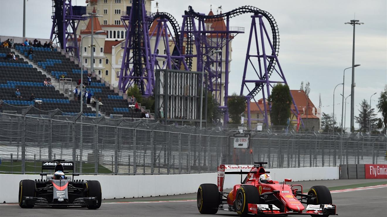 Fernando Alonso (ESP) McLaren MP4-30 and Sebastian Vettel (GER) Ferrari SF15-T at Formula One World Championship, Rd15, Russian Grand Prix, Practice, Sochi Autodrom, Sochi, Krasnodar Krai, Russia, Friday 9 October 2015. © Sutton Motorsport Images