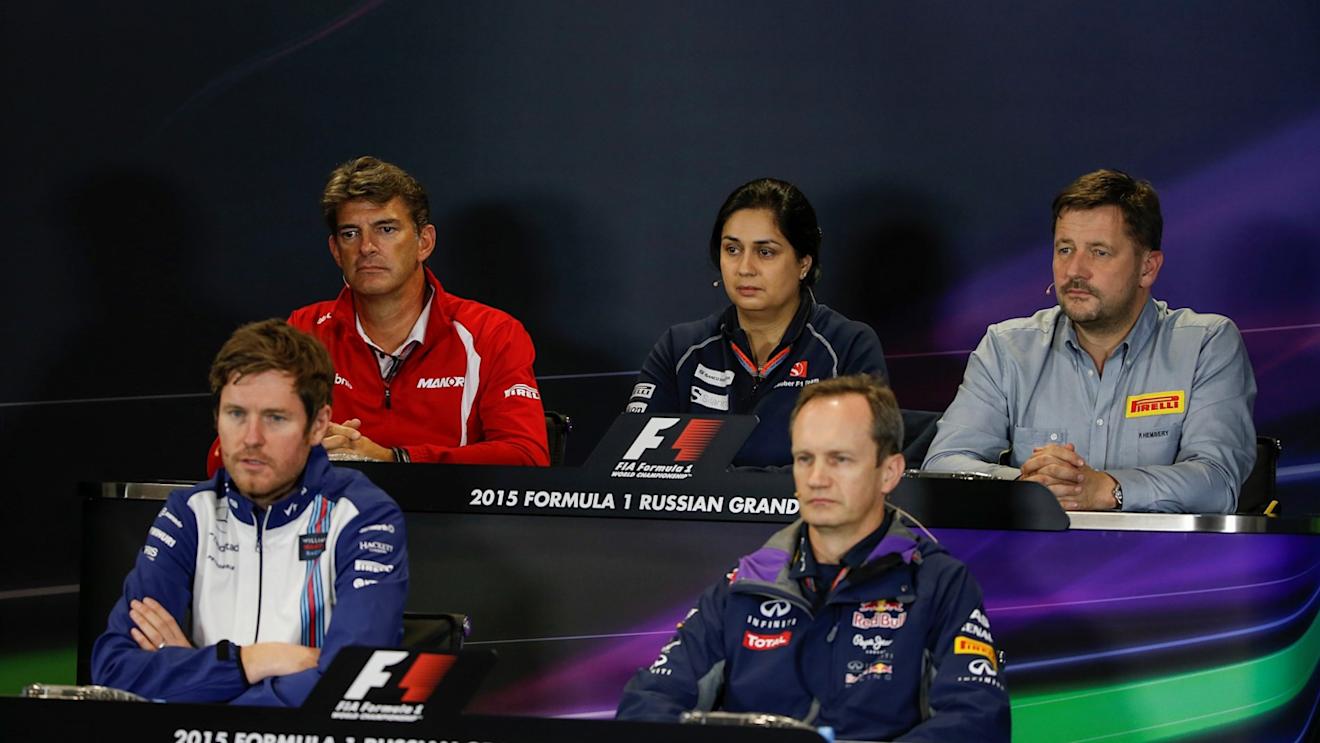 (L to R): Graeme Lowdon (GBR) Chief Executive Officer Manor GP, Monisha Kaltenborn (AUT) Sauber Team Prinicpal, Paul Hembery (GBR) Pirelli Motorsport Director, Rob Smedley (GBR) Williams Head of Vehicle Performance and Paul Monaghan (GBR) Red Bull Racing Chief Engineer in the Press Conference at Formula One World Championship, Rd15, Russian Grand Prix, Practice, Sochi Autodrom, Sochi, Krasnodar Krai, Russia, Friday 9 October 2015. © Sutton Motorsport Images