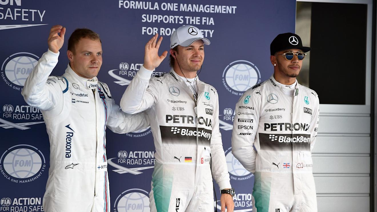 (L to R): Valtteri Bottas (FIN) Williams, Pole sitter Nico Rosberg (GER) Mercedes AMG F1 and Lewis Hamilton (GBR) Mercedes AMG F1 celebrate in parc ferme at Formula One World Championship, Rd15, Russian Grand Prix, Qualifying, Sochi Autodrom, Sochi, Krasnodar Krai, Russia, Saturday 10 October 2015. © Sutton Motorsport Images