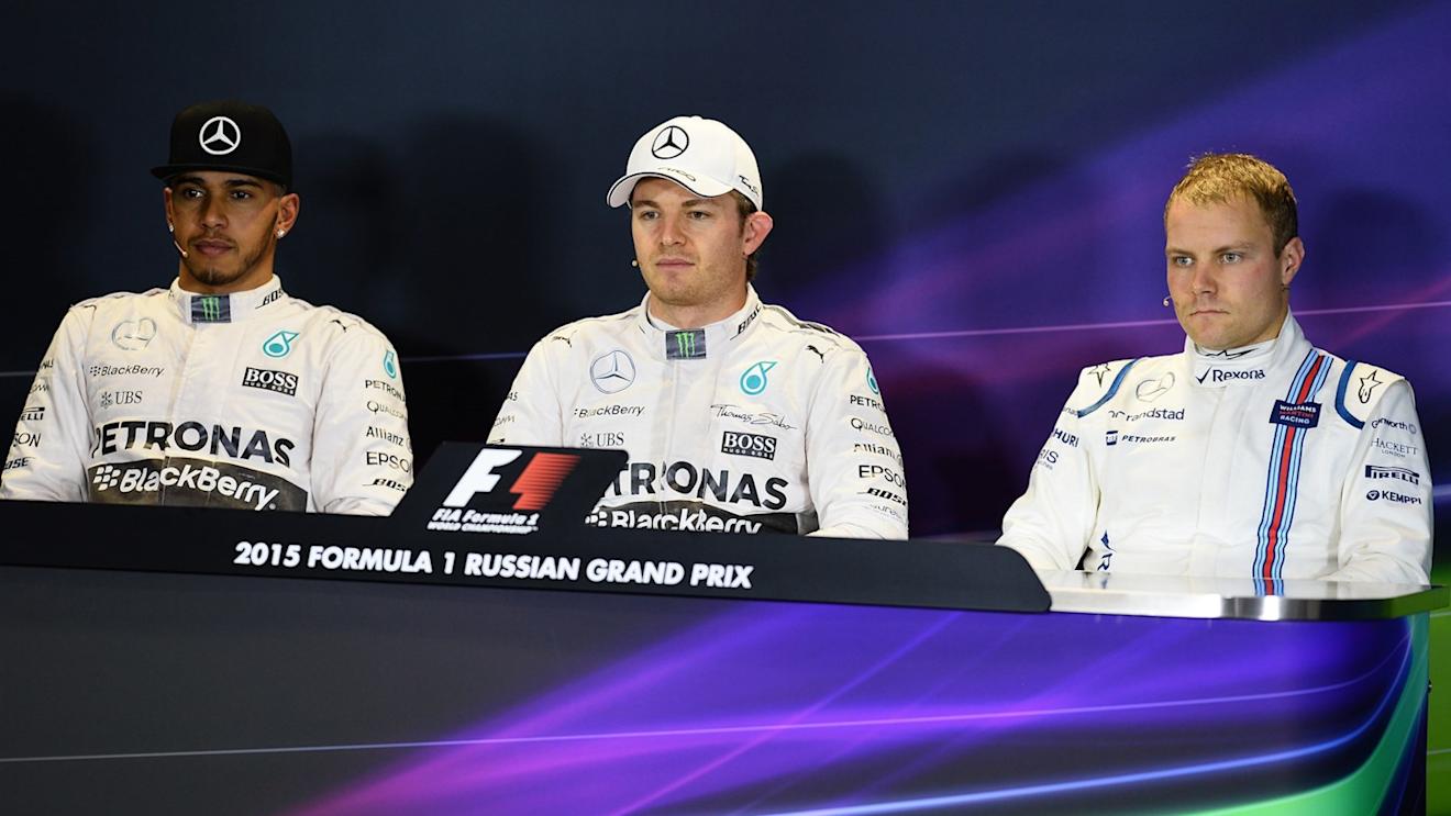 Lewis Hamilton (GBR) Mercedes AMG F1, Nico Rosberg (GER) Mercedes AMG F1 and Valtteri Bottas (FIN) Williams in the press conference at Formula One World Championship, Rd15, Russian Grand Prix, Qualifying, Sochi Autodrom, Sochi, Krasnodar Krai, Russia, Saturday 10 October 2015. © Sutton Motorsport Images