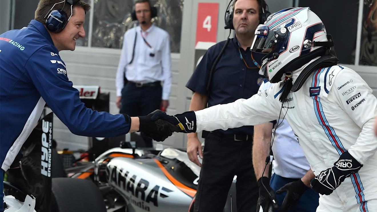 Valtteri Bottas (FIN) Williams celebrates in parc ferme at Formula One World Championship, Rd15, Russian Grand Prix, Qualifying, Sochi Autodrom, Sochi, Krasnodar Krai, Russia, Saturday 10 October 2015. © Sutton Motorsport Images