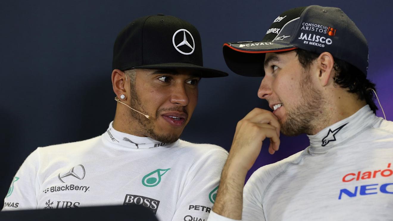 Lewis Hamilton (GBR) Mercedes AMG F1 and Sergio Perez (MEX) Force India in the Press Conference at Formula One World Championship, Rd15, Russian Grand Prix, Race, Sochi Autodrom, Sochi, Krasnodar Krai, Russia, Sunday 11 October 2015. © Sutton Motorsport Images