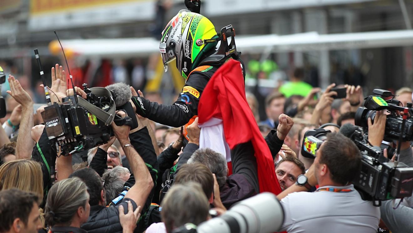 Sergio Perez (MEX) Force India celebrates third place in parc ferme at Formula One World Championship, Rd15, Russian Grand Prix, Race, Sochi Autodrom, Sochi, Krasnodar Krai, Russia, Sunday 11 October 2015. © Sutton Motorsport Images