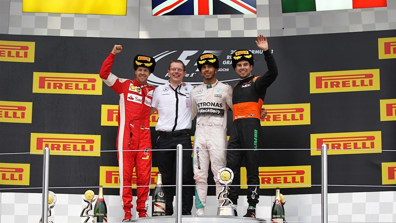 (L-R) Sebastian Vettel (GER) Ferrari, Andy Cowell (GBR) Managing Director, race winner Lewis Hamilton (GBR) Mercedes AMG F1 and Sergio Perez (MEX) Force India celebrate on the podium at Formula One World Championship, Rd15, Russian Grand Prix, Race, Sochi Autodrom, Sochi, Krasnodar Krai, Russia, Sunday 11 October 2015. © Sutton Motorsport Images