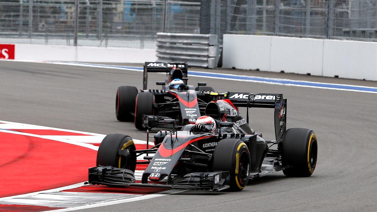 Jenson Button (GBR) McLaren MP4-30 and Fernando Alonso (ESP) McLaren MP4-30 at Formula One World Championship, Rd15, Russian Grand Prix, Race, Sochi Autodrom, Sochi, Krasnodar Krai, Russia, Sunday 11 October 2015. © Sutton Motorsport Images