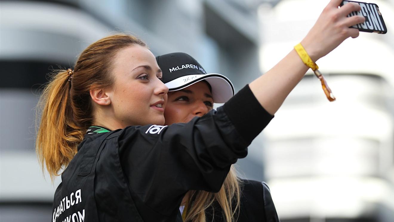 Ingrid Olerinskaya (RUS) Actress and Adelina Sotnikova (RUS) Olympic Fgure Skater at Formula One World Championship, Rd15, Russian Grand Prix, Race, Sochi Autodrom, Sochi, Krasnodar Krai, Russia, Sunday 11 October 2015. © Sutton Motorsport Images