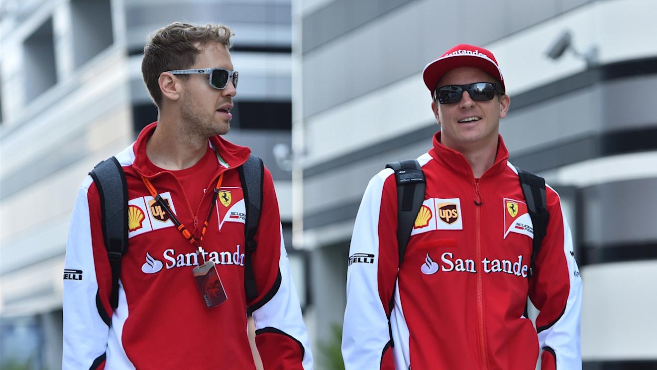 Sebastian Vettel (GER) Ferrari and Kimi Raikkonen (FIN) Ferrari at Formula One World Championship, Rd15, Russian Grand Prix, Race, Sochi Autodrom, Sochi, Krasnodar Krai, Russia, Sunday 11 October 2015. © Sutton Motorsport Images