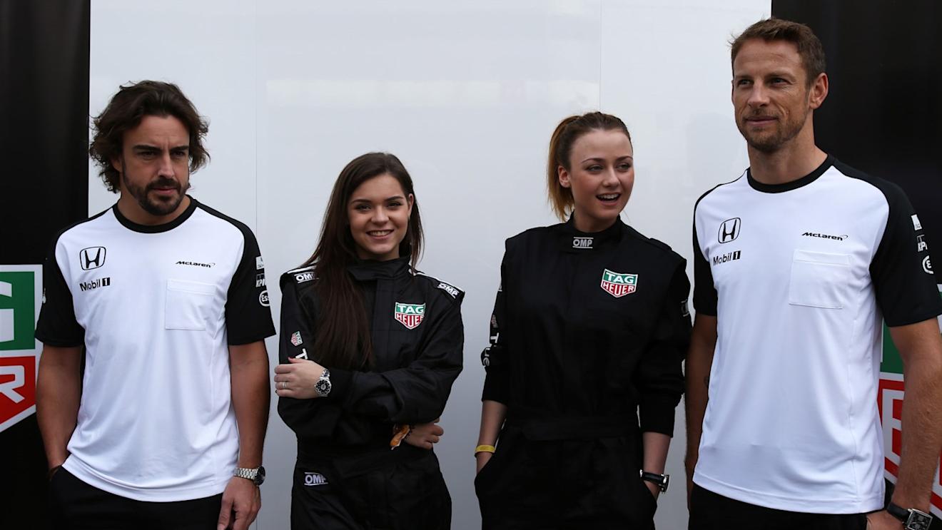 Fernando Alonso (ESP) McLaren and Jenson Button (GBR) McLaren with Ingrid Olerinskaya (RUS) Actress and Adelina Sotnikova (RUS) Olympic Fgure Skater at Formula One World Championship, Rd15, Russian Grand Prix, Race, Sochi Autodrom, Sochi, Krasnodar Krai, Russia, Sunday 11 October 2015. © Sutton Motorsport Images