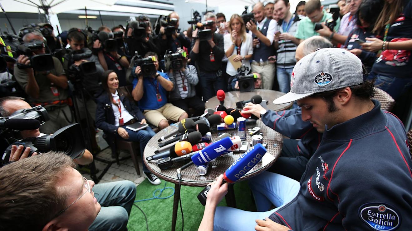 Carlos Sainz (ESP) Scuderia Toro Rosso talks with the media at Formula One World Championship, Rd15, Russian Grand Prix, Race, Sochi Autodrom, Sochi, Krasnodar Krai, Russia, Sunday 11 October 2015. © Sutton Motorsport Images