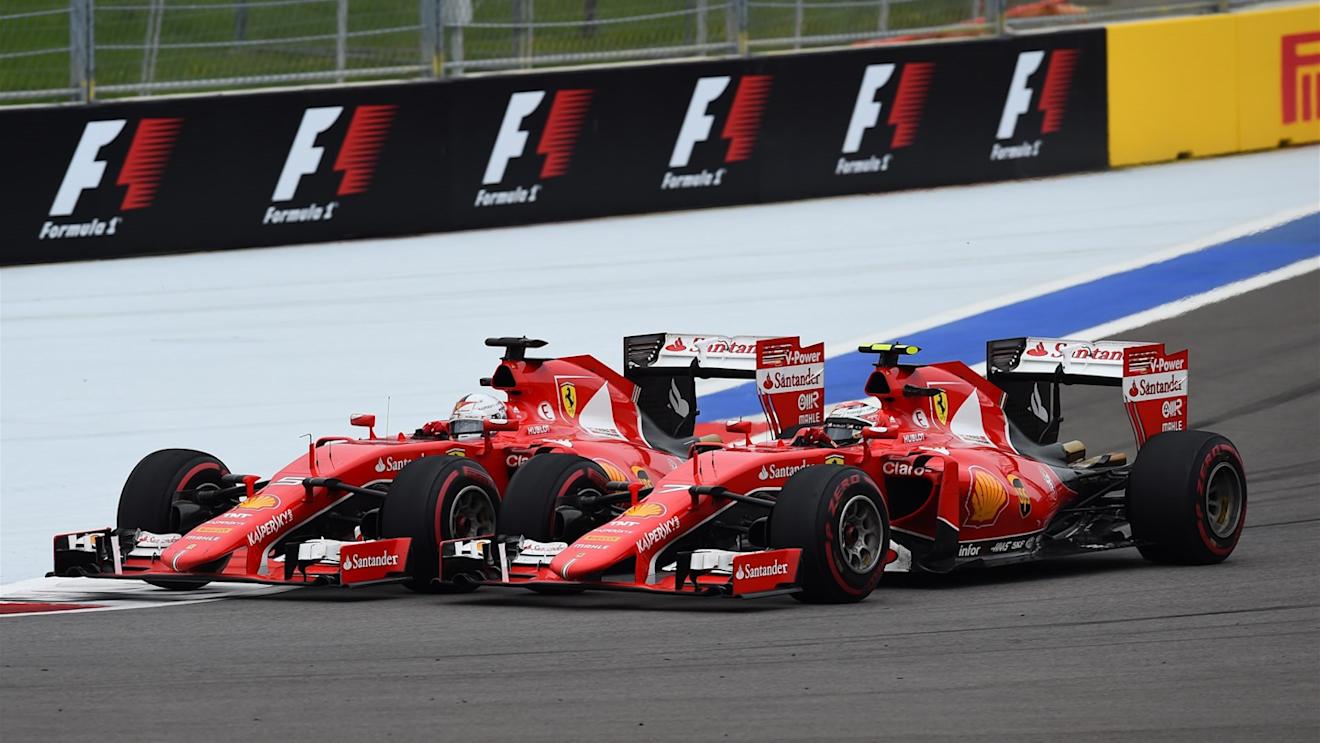 Sebastian Vettel (GER) Ferrari SF15-T and Kimi Raikkonen (FIN) Ferrari SF15-T battle at Formula One World Championship, Rd15, Russian Grand Prix, Race, Sochi Autodrom, Sochi, Krasnodar Krai, Russia, Sunday 11 October 2015. © Sutton Motorsport Images