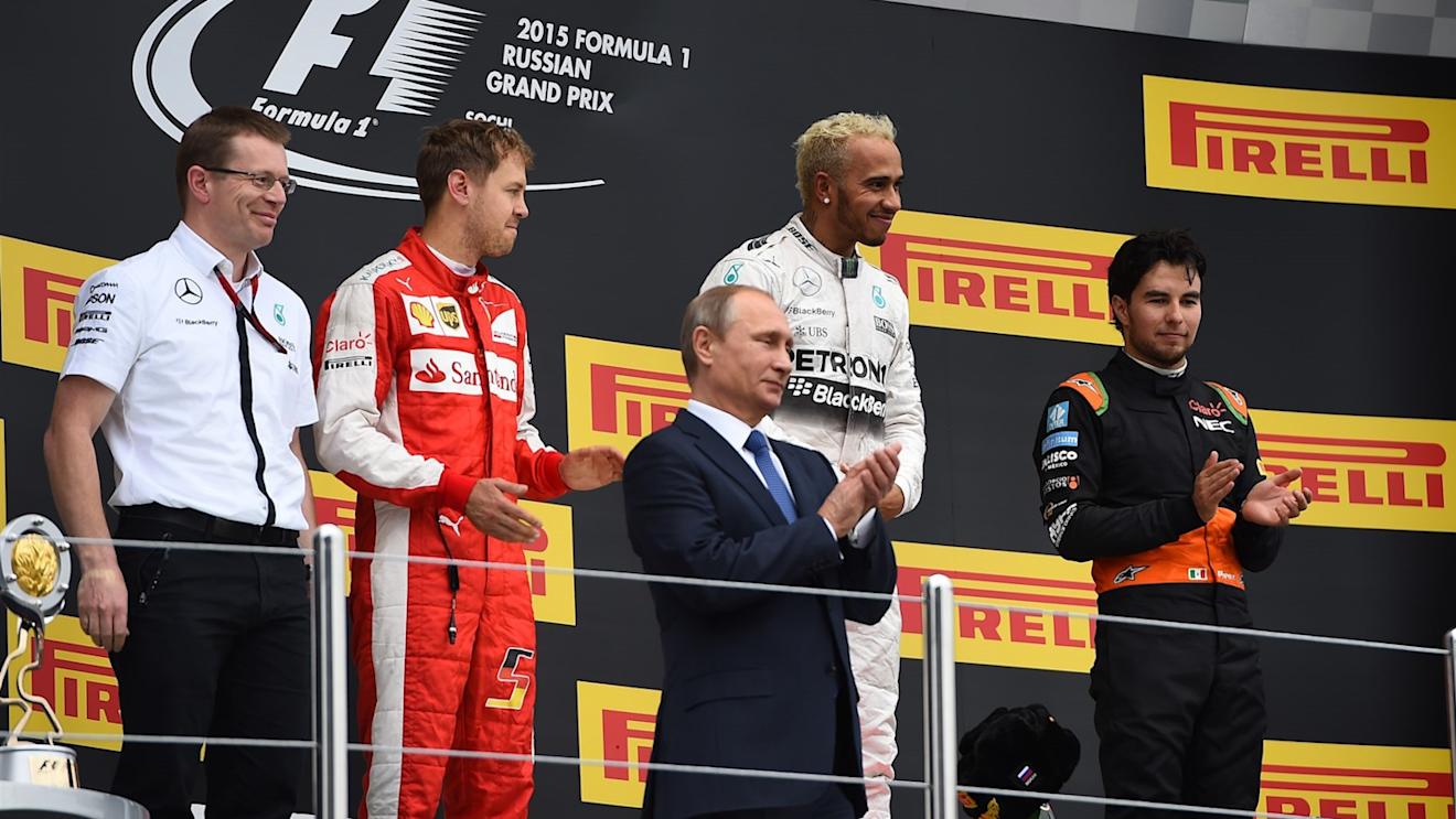 (L to R): Andy Cowell (GBR) Managing Director, Vladimir Putin (RUS), President of Russia, Sebastian Vettel (GER) Ferrari, race winner Lewis Hamilton (GBR) Mercedes AMG F1 and Sergio Perez (MEX) Force India celebrate on the podium at Formula One World Championship, Rd15, Russian Grand Prix, Race, Sochi Autodrom, Sochi, Krasnodar Krai, Russia, Sunday 11 October 2015. © Sutton Motorsport Images