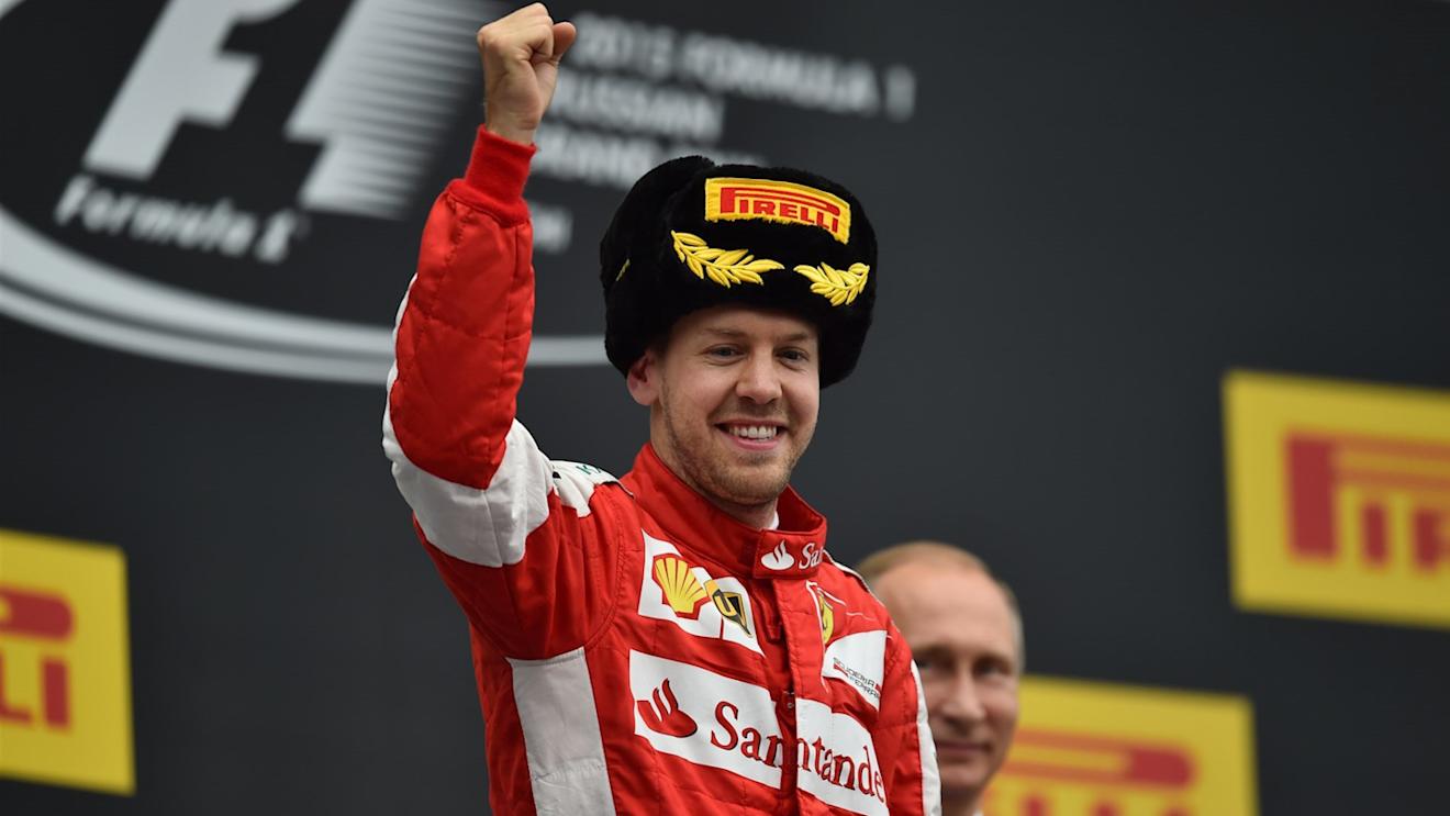 Sebastian Vettel (GER) Ferrari celebrates on the podium at Formula One World Championship, Rd15, Russian Grand Prix, Race, Sochi Autodrom, Sochi, Krasnodar Krai, Russia, Sunday 11 October 2015. © Sutton Motorsport Images