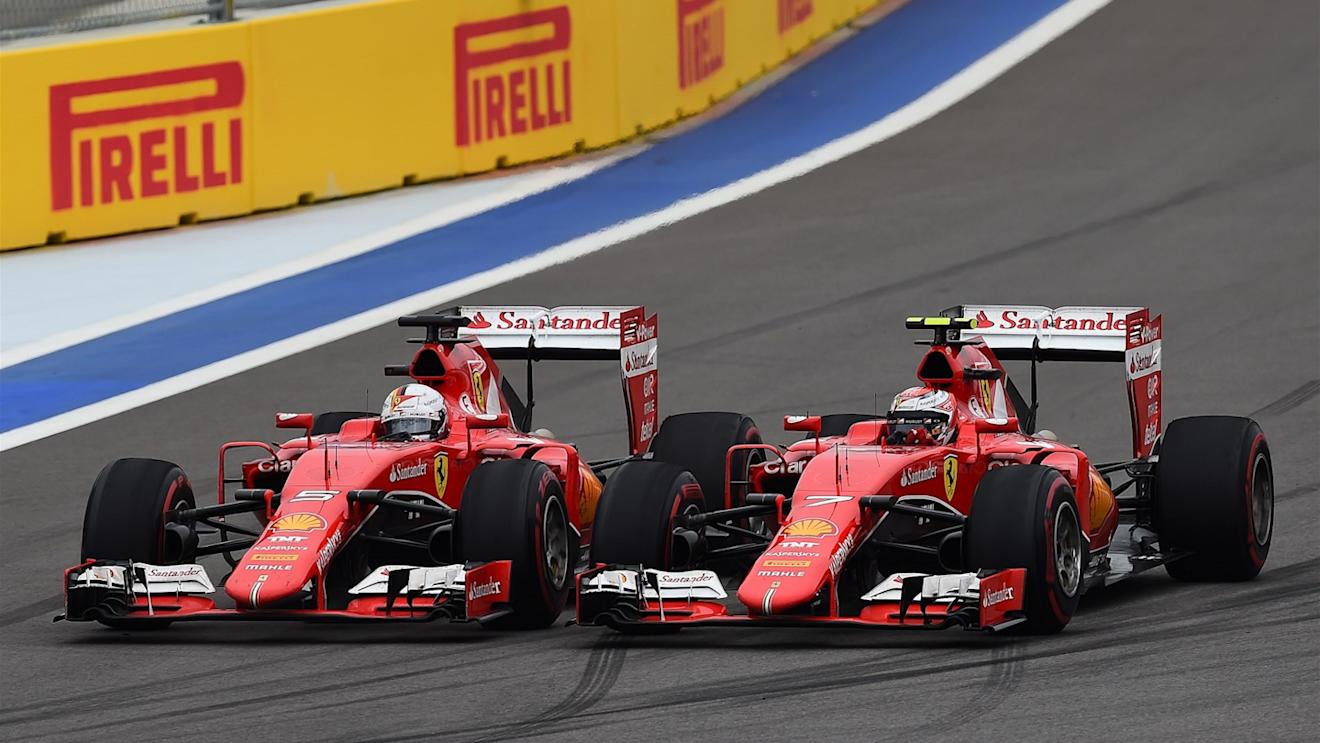 Sebastian Vettel (GER) Ferrari SF15-T and Kimi Raikkonen (FIN) Ferrari SF15-T battle at Formula One World Championship, Rd15, Russian Grand Prix, Race, Sochi Autodrom, Sochi, Krasnodar Krai, Russia, Sunday 11 October 2015. © Sutton Motorsport Images