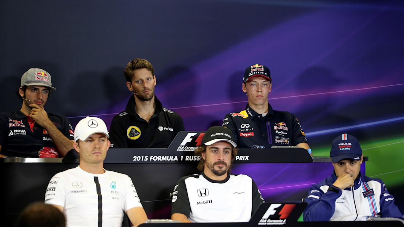 (L to R): Fernando Alonso (ESP) McLaren, Nico Rosberg (GER) Mercedes AMG F1, Felipe Massa (BRA) Williams, Carlos Sainz jr (ESP) Scuderia Toro Rosso, Romain Grosjean (FRA) Lotus and Daniil Kvyat (RUS) Red Bull Racing in the press conference at Formula One World Championship, Rd15, Russian Grand Prix, Preparations, Sochi Autodrom, Sochi, Krasnodar Krai, Russia, Thursday 8 October 2015. © Sutton Motorsport Images