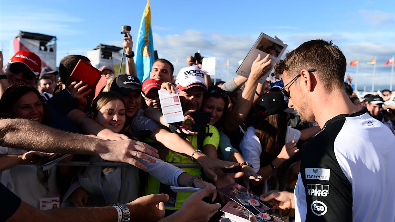 Jenson Button (GBR) McLaren signs autographs for the fans at Formula One World Championship, Rd15, Russian Grand Prix, Preparations, Sochi Autodrom, Sochi, Krasnodar Krai, Russia, Thursday 8 October 2015. © Sutton Motorsport Images