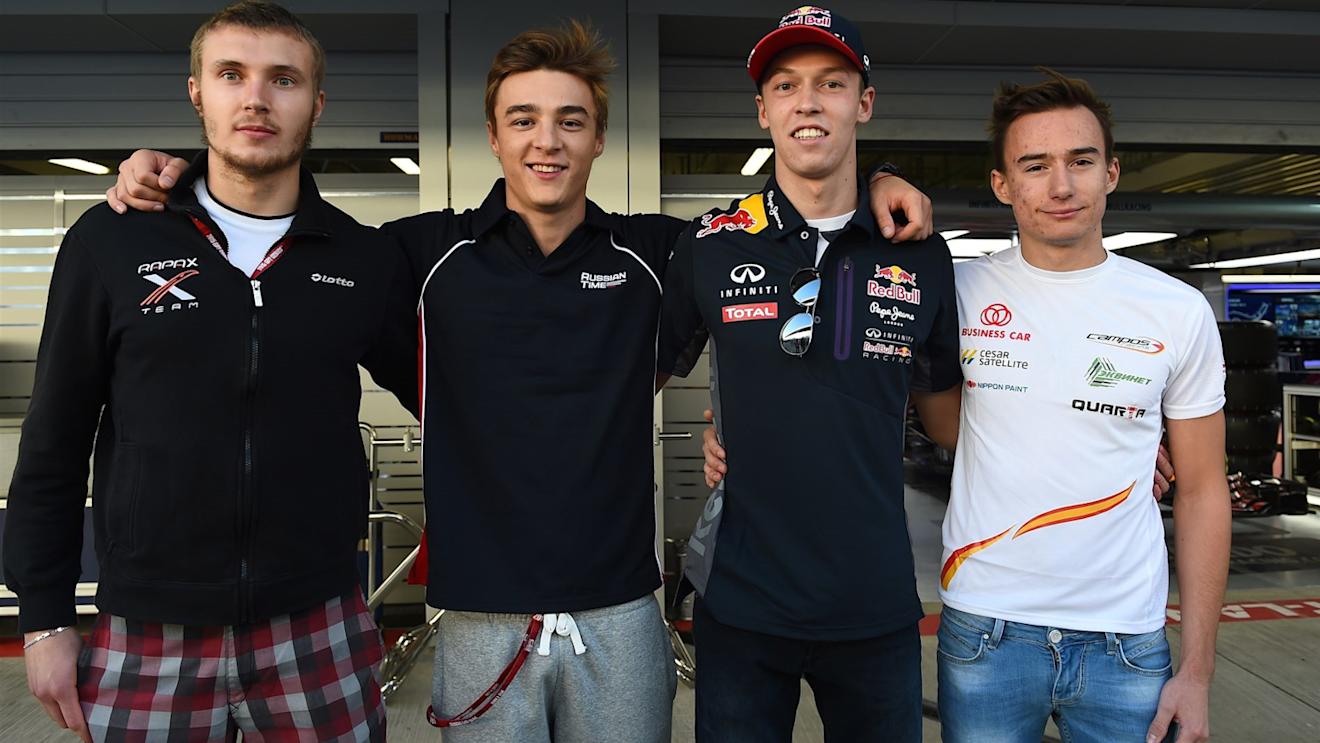 (L to R): Sergey Sirotkin (RUS) Rapax GP2, Artem Markelov (RUS) Russian Time GP2, Daniil Kvyat (RUS) Red Bull Racing at Formula One World Championship, Rd15, Russian Grand Prix, Preparations, Sochi Autodrom, Sochi, Krasnodar Krai, Russia, Thursday 8 October 2015. © Sutton Motorsport Images